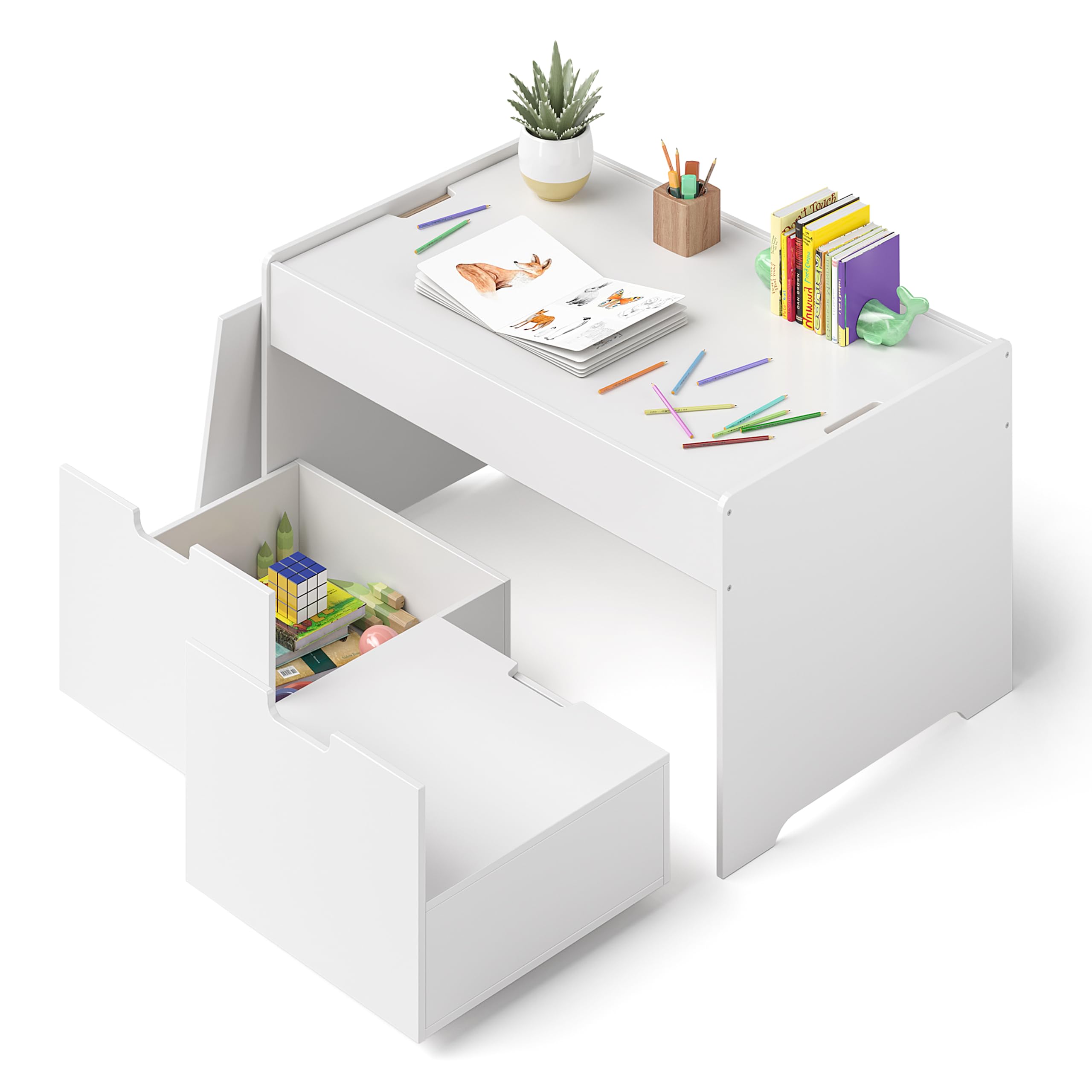 Bellabino Spieltisch Dadu mit 2 Aufbewahrungsboxen/Sitzhocker aus Holz, Kindersitzgruppe mit Stauraum weiß lackiert, Multifunktionstisch für Kinder ‎55 x 92,5 x 50 cm