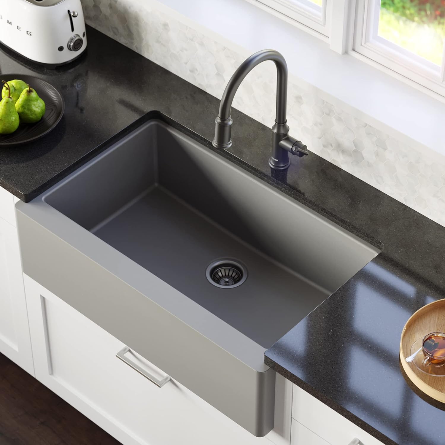 Get Popular Offer Karran Farmhouse/Apron-Front Quartz Composite 34 in. Single Bowl Kitchen Sink in Grey