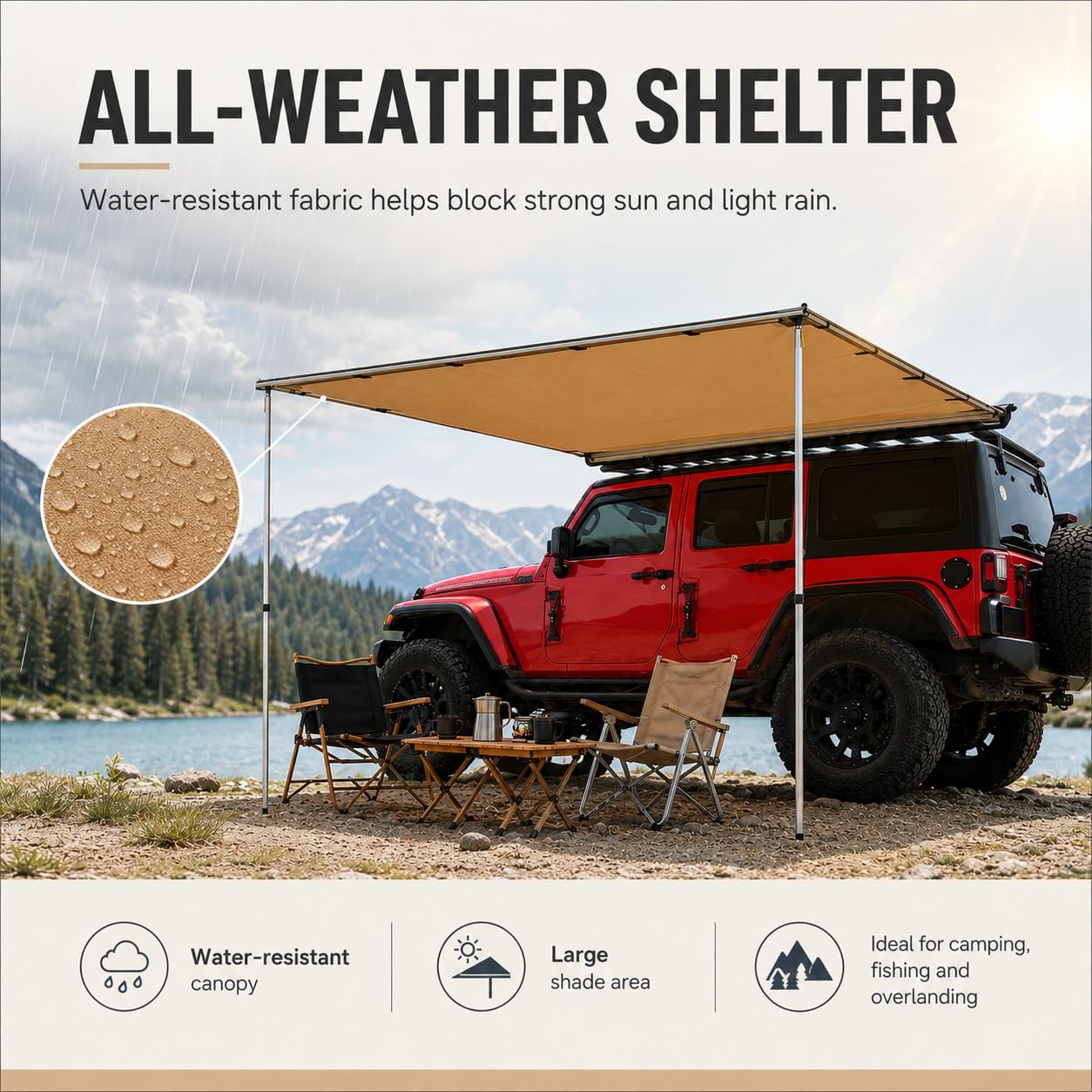 Markiza Samochodowa, Przenośna Markiza do Pojazdu, Namiot Samochodowy z Filtrem UV UPF 50+ i Aluminiowymi Słupkami do Kempingu, SUV-a, Vana, Podróży Terenowych(1.6x2m/5.2x6.6ft)