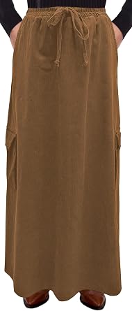 BABY O Womens 100% Cotton Corduroy Drawstring Elastic Waist Cargo Pocket Long Ankle Length Maxi Skirt, Made in USA