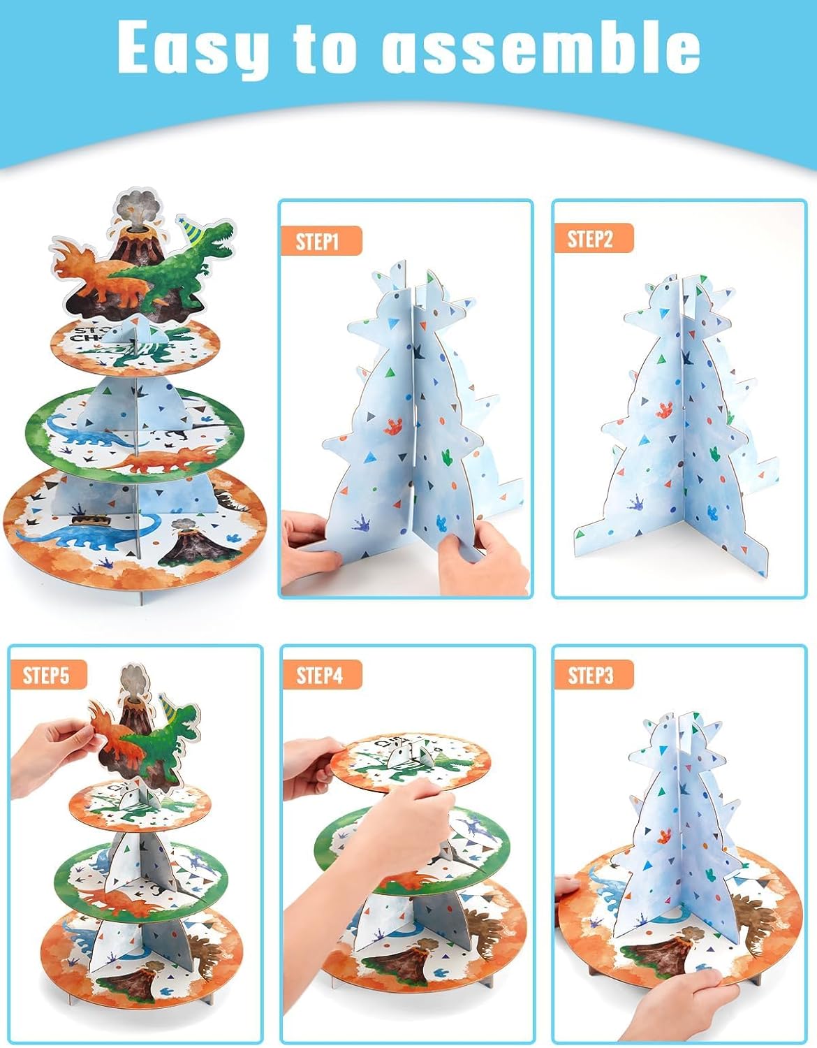 WERNNSAI 3 Tier Dinosaur Cupcake Stand - Dinosaur Birthday Party Decorations for Kids Boys Dino Cupcake Holder Round Cardboard Serving Tray Dessert Tower for Dino Birthday Baby Shower Party Supplies