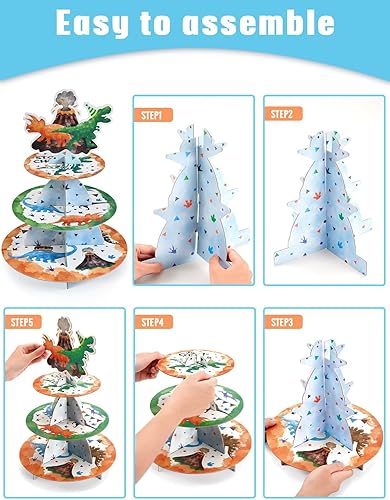 Miniatura 5 de WERNNSAI Soporte para cupcakes de dinosaurio de 3 niveles, decoración de fiesta de cumpleaños de dinosaurios para niños, soporte redondo de cartón