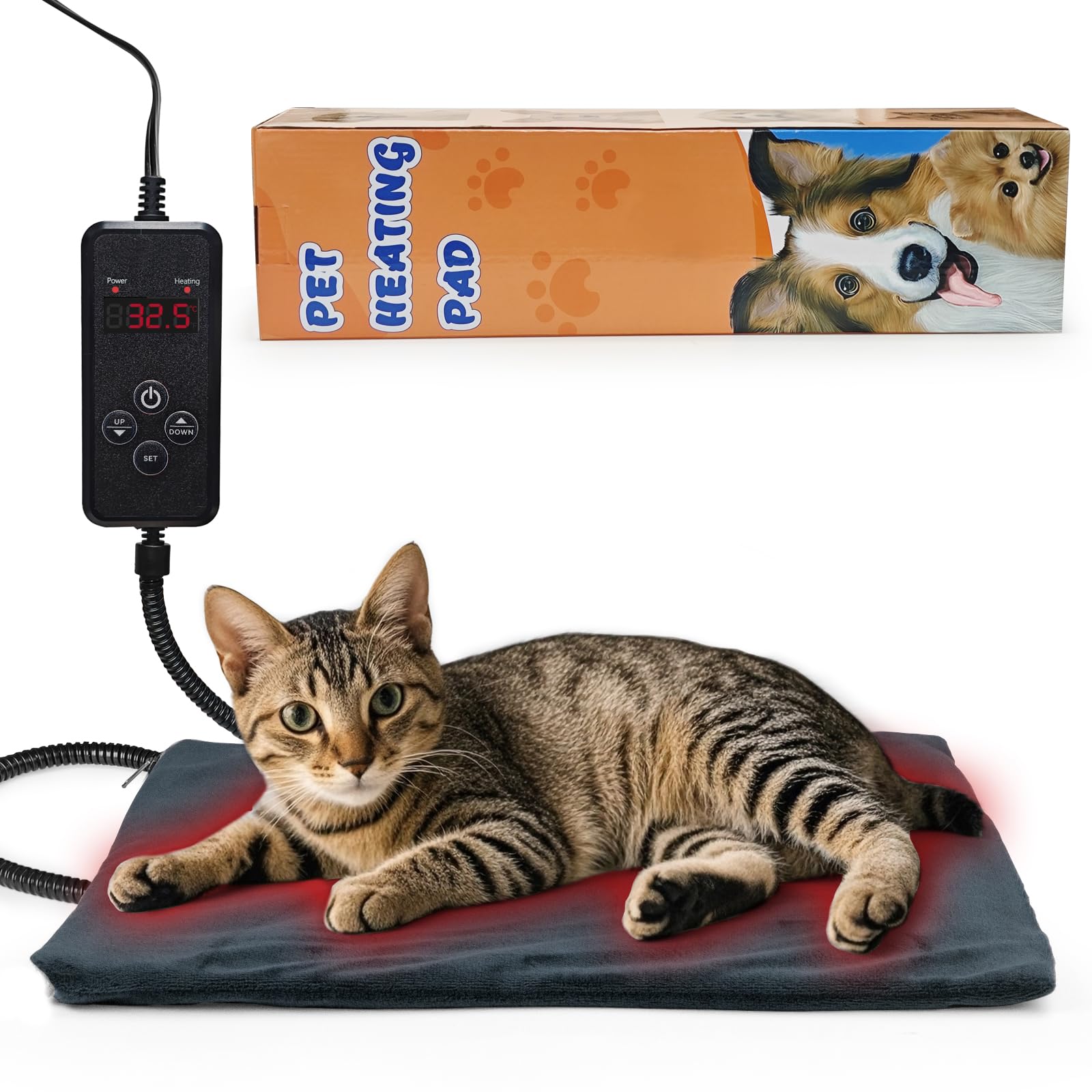 NAMOTEK Heizdecke für Haustiere - Temperatur & Timer einstellbar, wasserdichte Wärmematte mit kaufester Leitung, automatische Abschaltung für Hunde & Katzen