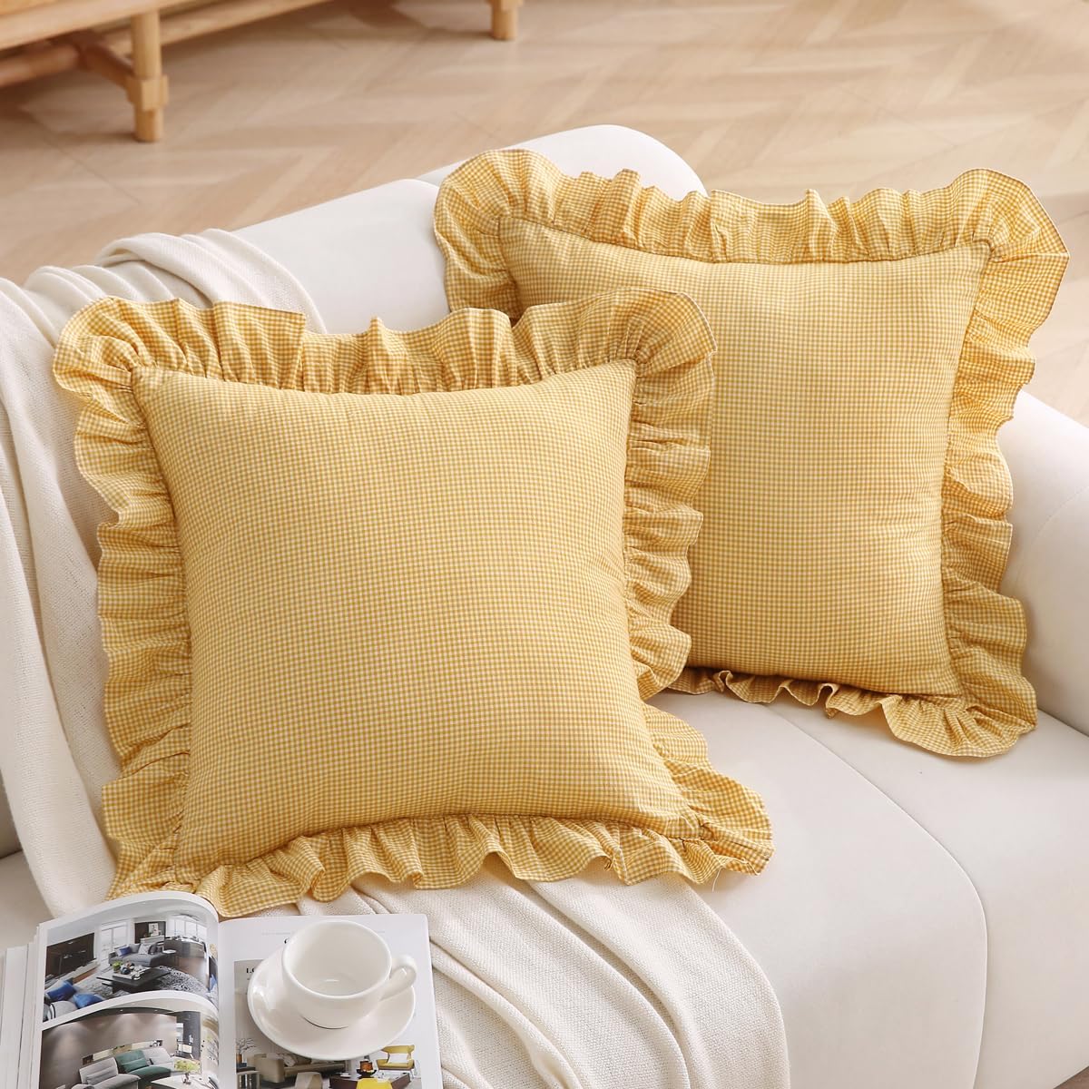 Silnuo Vintage Mustard Plaid Ruffle Throw Pillow Covers 18x18 inches,Washed Cotton Gingham Checkered Yellow Decorative Pillow Shams for Bed,Couch,Sofa