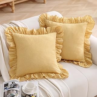 Vintage Mustard Plaid Ruffle Throw Pillow Covers 18x18 inches,Washed Cot...