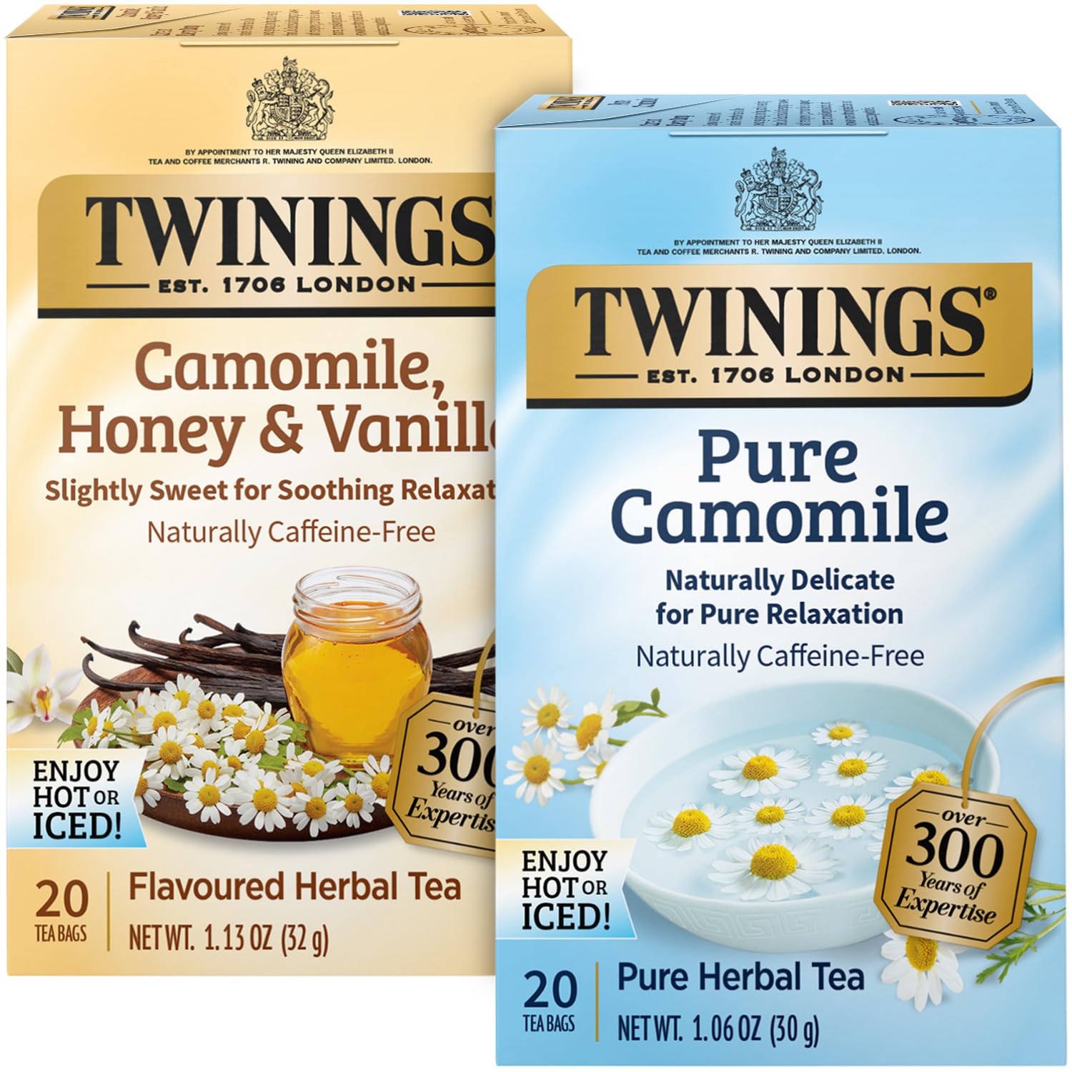 Twinings Camomile Herbal Tea Bag Variety 2-Pack – Pure + Honey & Vanilla Naturally Caffeine-Free Teas, 20 Count Each