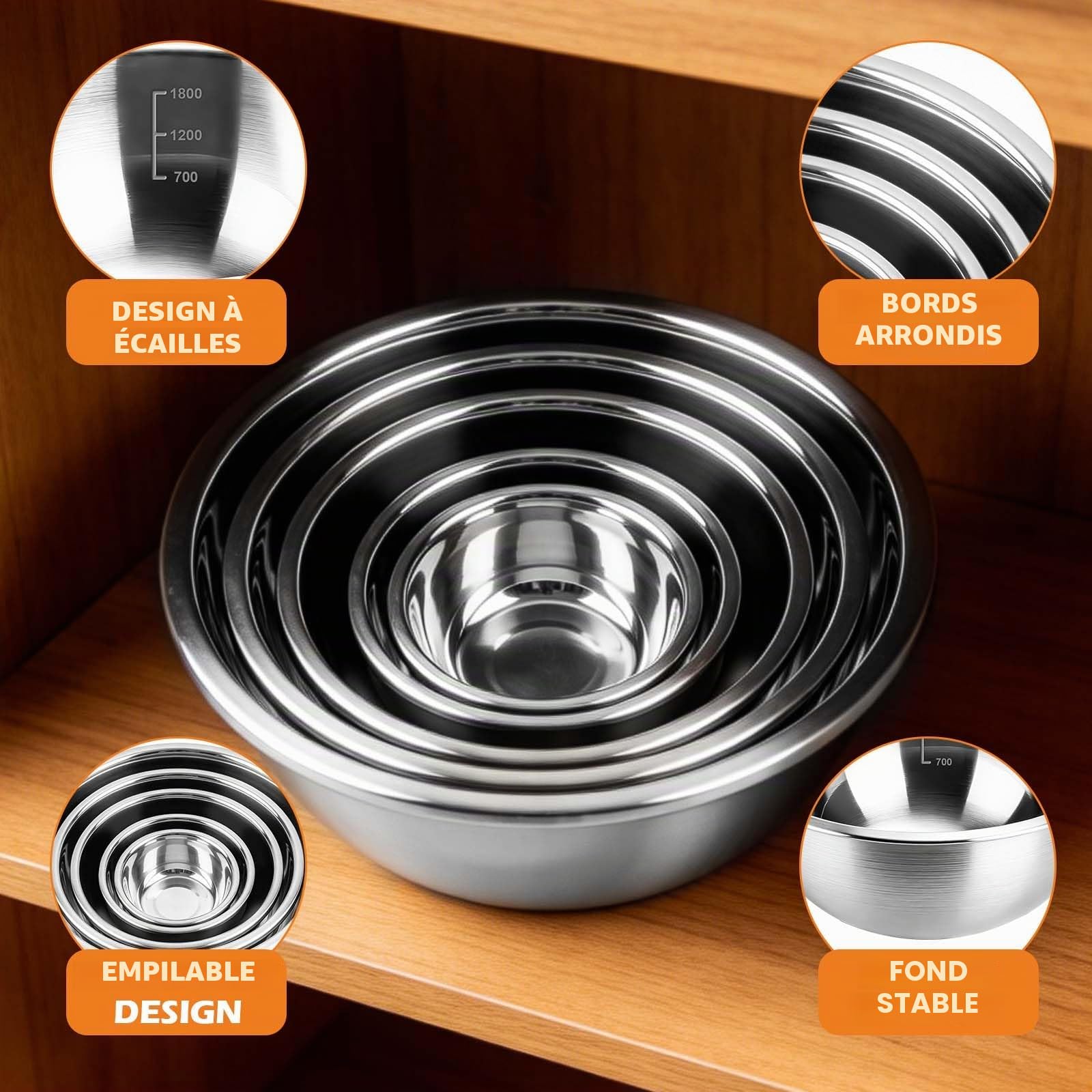 Lot de 5 Cul de Poule Inox, Saladiers en Acier Inoxydable, Bol Inox Cuisine Bowl de Mélange 5 Saladiers de Tailles Différentes 0.6 l, 0.9 l, 1.6 l, 2 l, 2.6 l