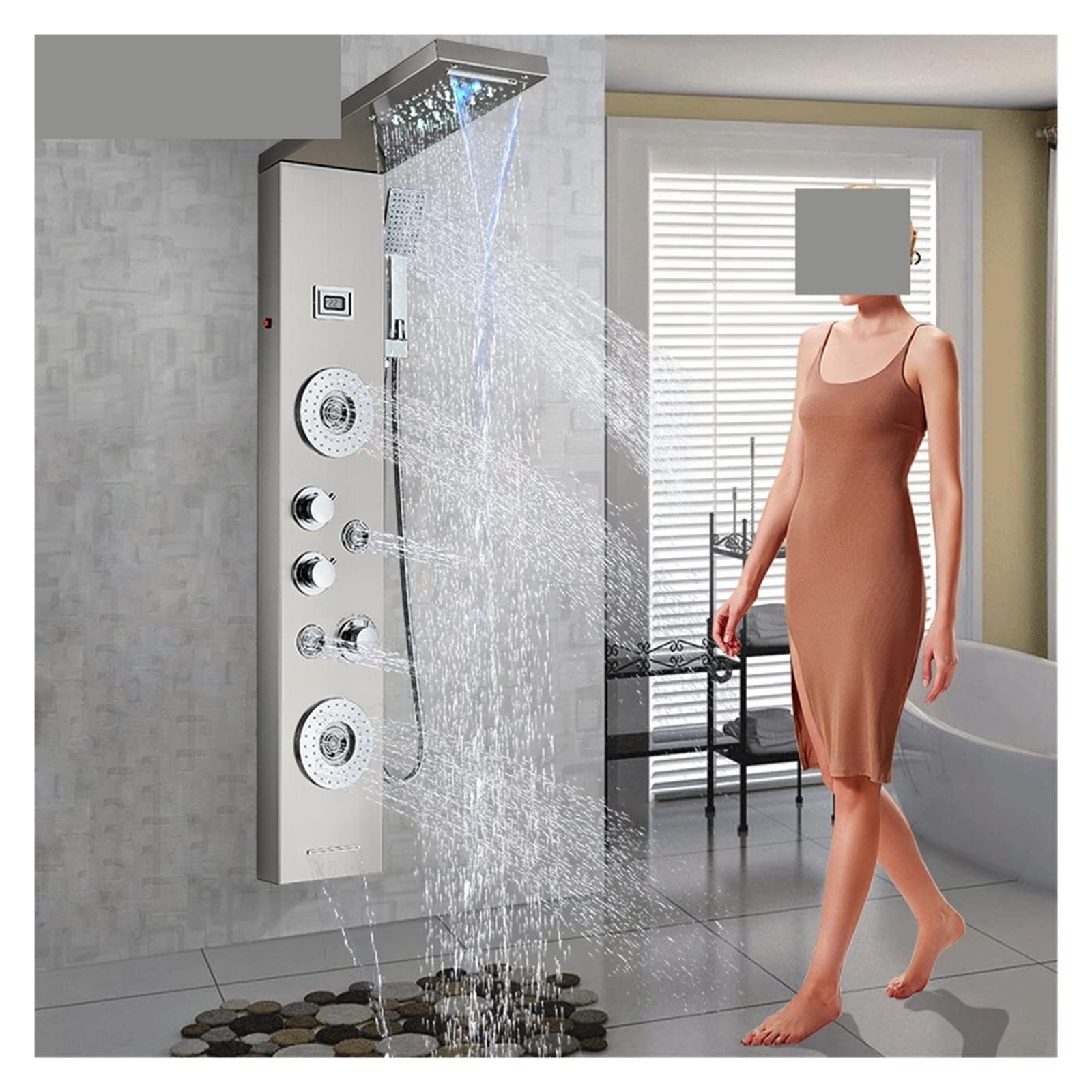 Rubinetto for Colonna Doccia a LED di Lusso Nero Spa Massaggio Pannello Doccia a Getto Rubinetto a Torre Batteria Schermo Temperatura Digitale Rubinetto for Bagno(No LED 8016 Black)