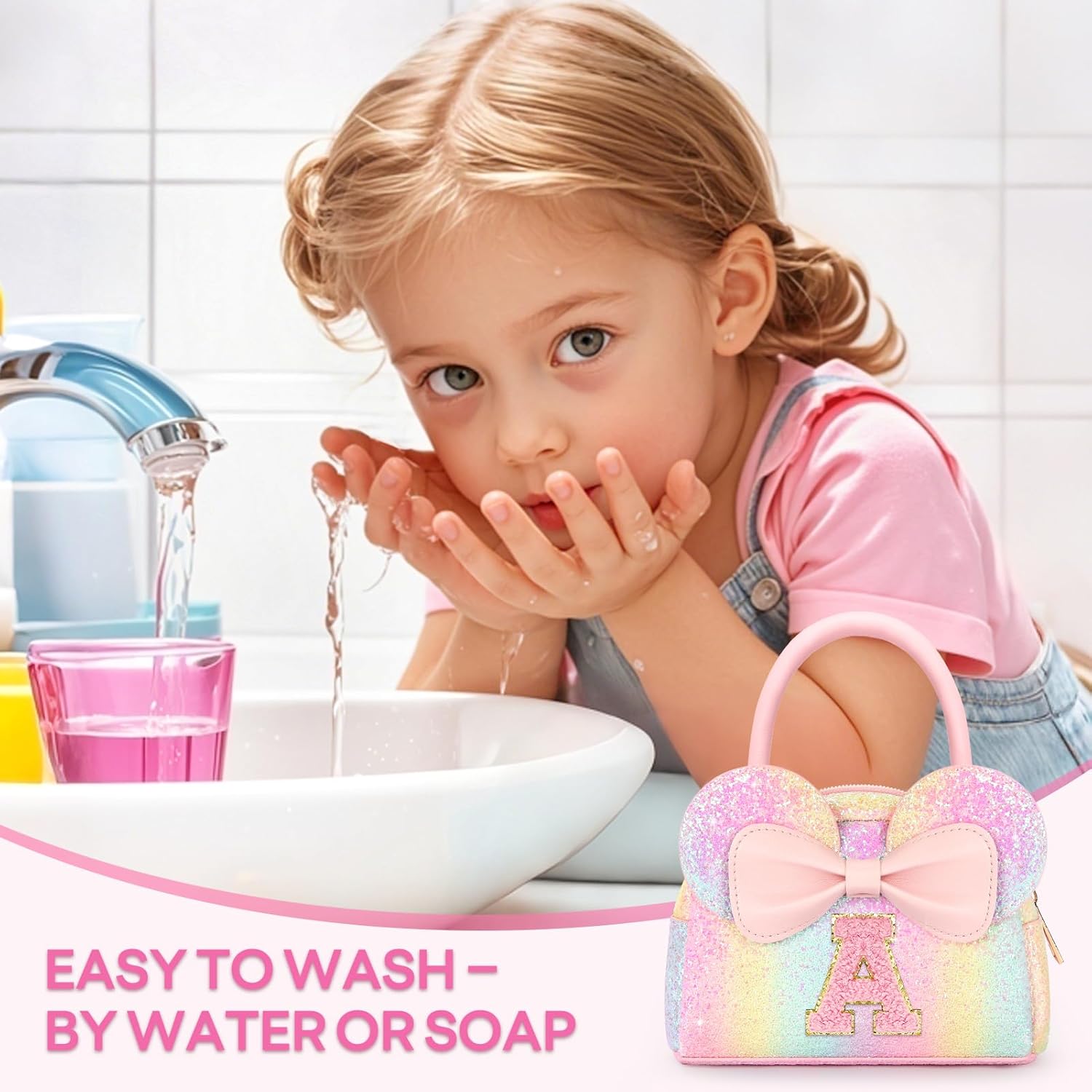 Kids Washable Makeup Kit for Girls, 17 Pcs Non Toxic Make Up with Purse - A | 17pcs Make Up Set with Personalized Purse - Toddler Girls Birthday Gifts Princess Toys Age 3 4 5 6 7 8 9 10 Years Old Kid