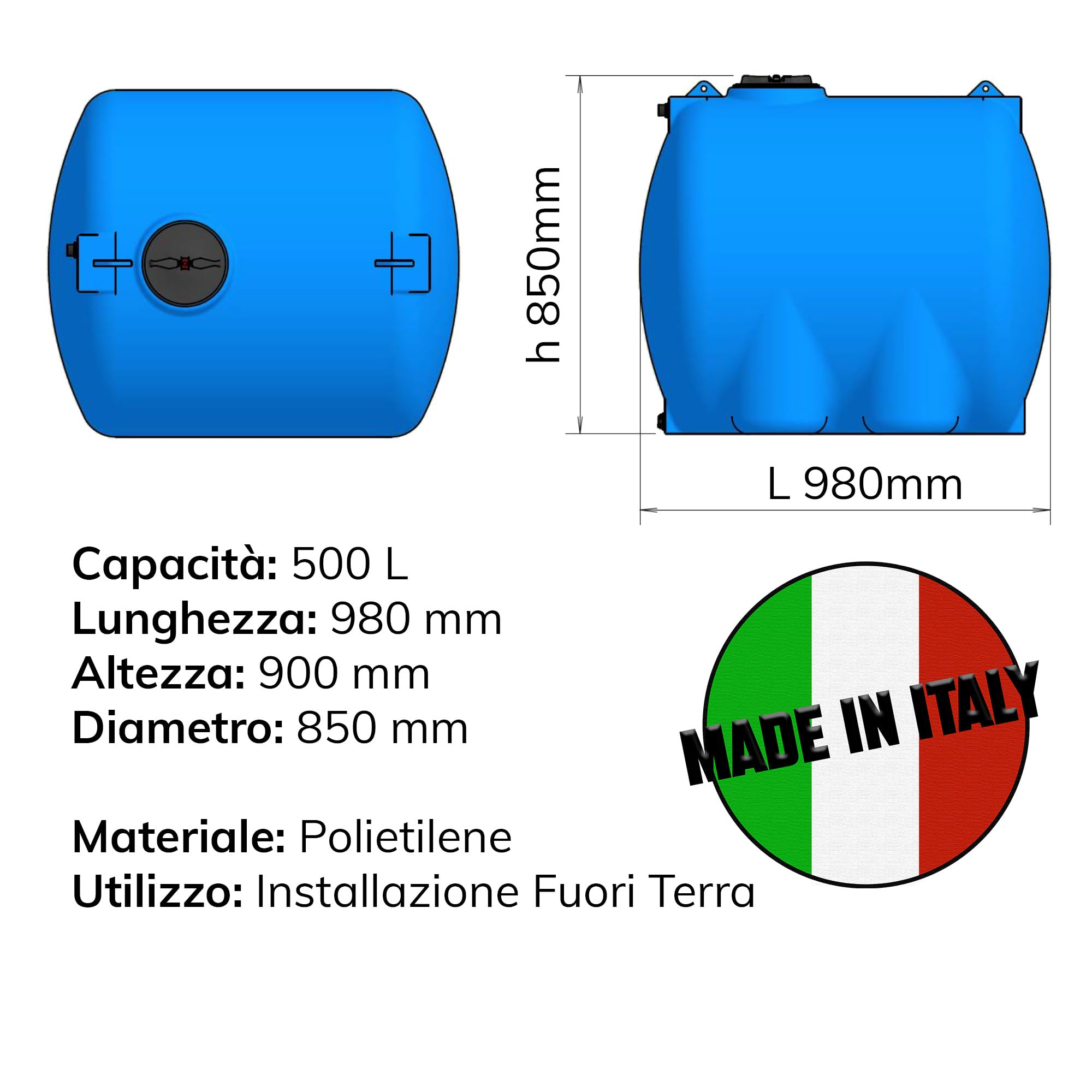 ESTO Serbatoio Acqua per Acqua Potabile 300L - 500 L, Cisterna Blu in Polietilene per Uso Esterno Predisposizione Rubinetto, Resistente Made in Italy Atossico (500 Litri)