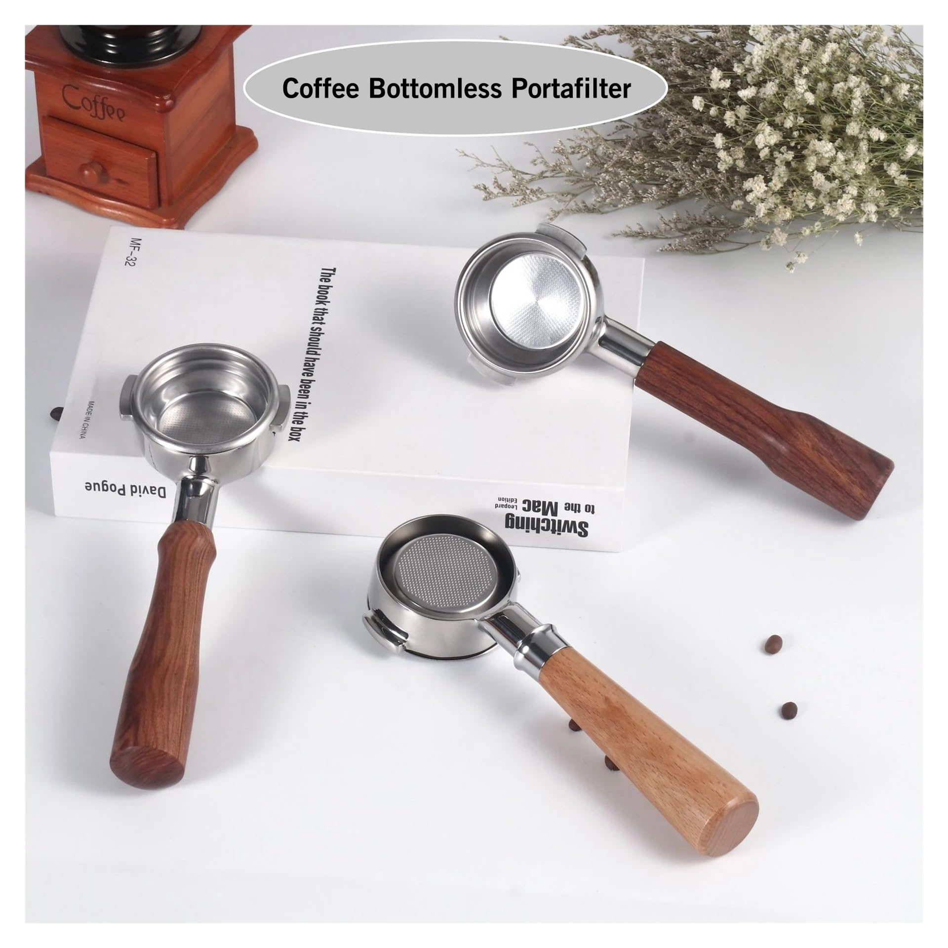 eufeifeiegds Portafiltro sin fondo de 58 mm for cafeteras espresso EXPOBAR E61 de dos asas con filtro. Accesorios for cafeteras espresso.(58MM E61 Beech)