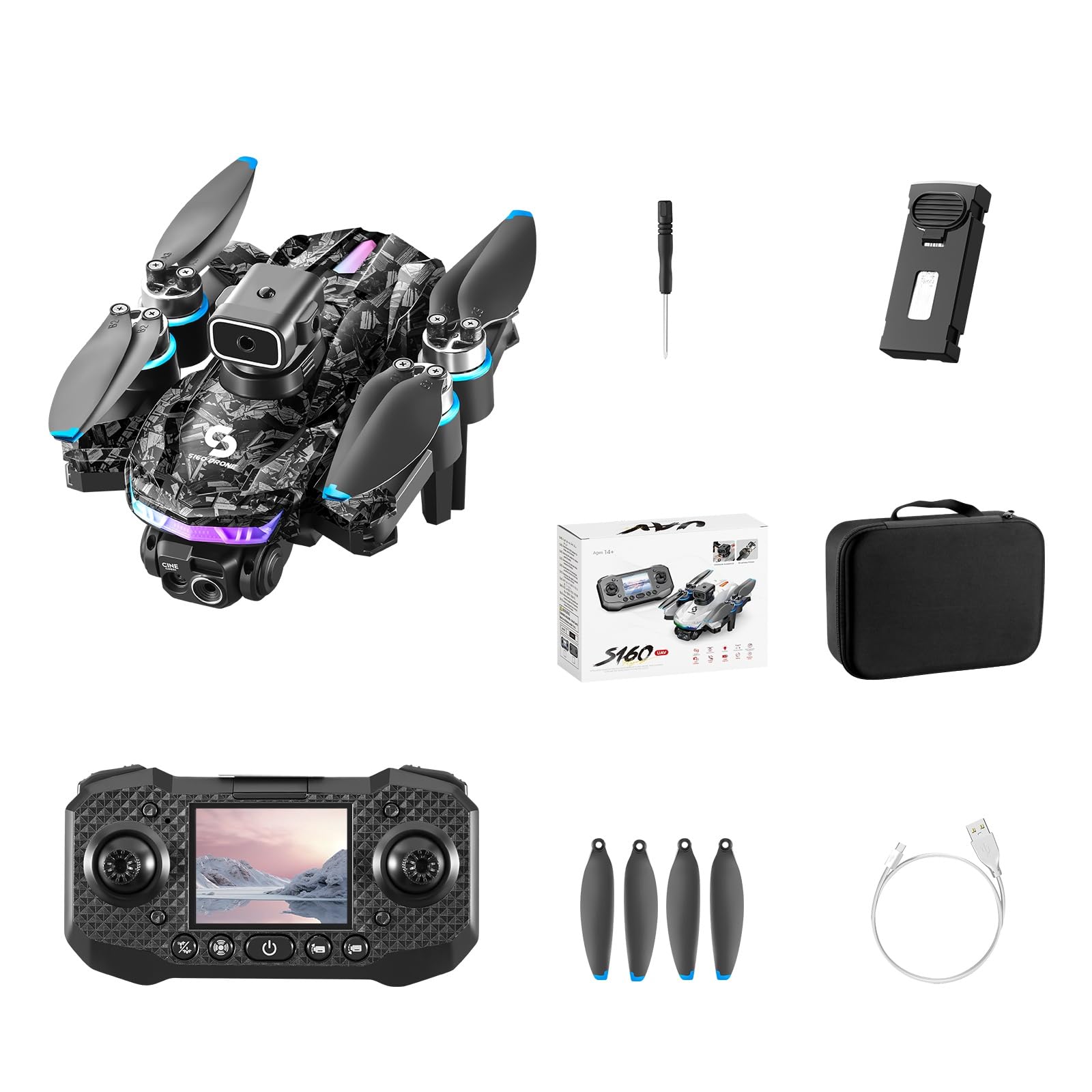 S160 Drone Pieghévole con Telecomando a Schermo Integrato - Doppia Camera HD 90°, Evitamento Ostacoli 4 Direzioni, Motore Brushless, Volo Stabile a Flusso Ottico, Autonomia 13 Min (black)