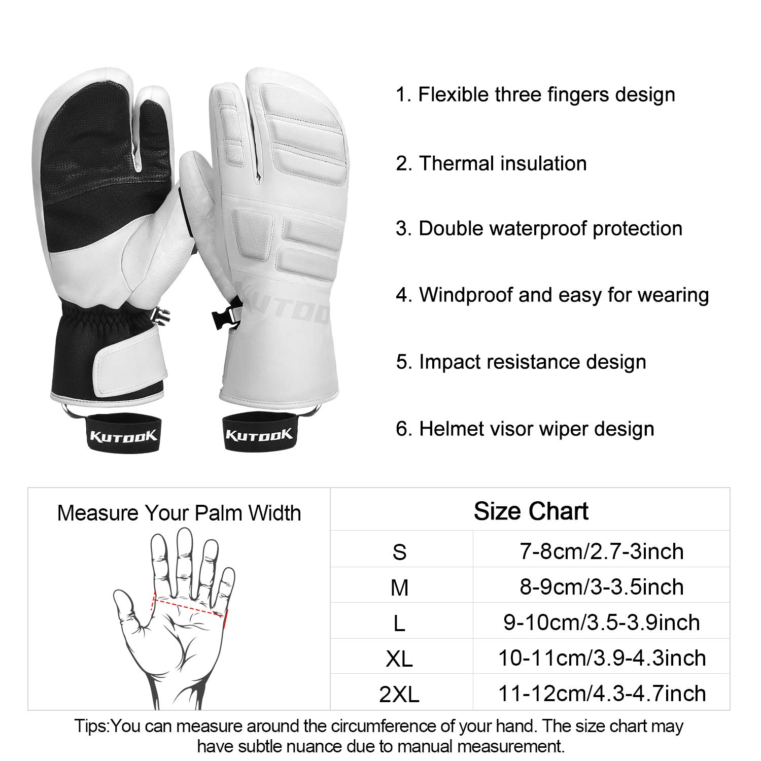 KUTOOK Guantes de esquí de tres dedos térmicos 3M Thinsulate impermeables Guantes de snowboard invierno para clima frío nieve - Blanco - Large