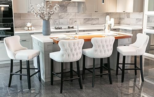 Miniatura 9 de Taburete de bar con patas de madera, juego de 2, taburete de bar tapizado de altura de mostrador con botón y cabeza de clavo, sillas de bar para