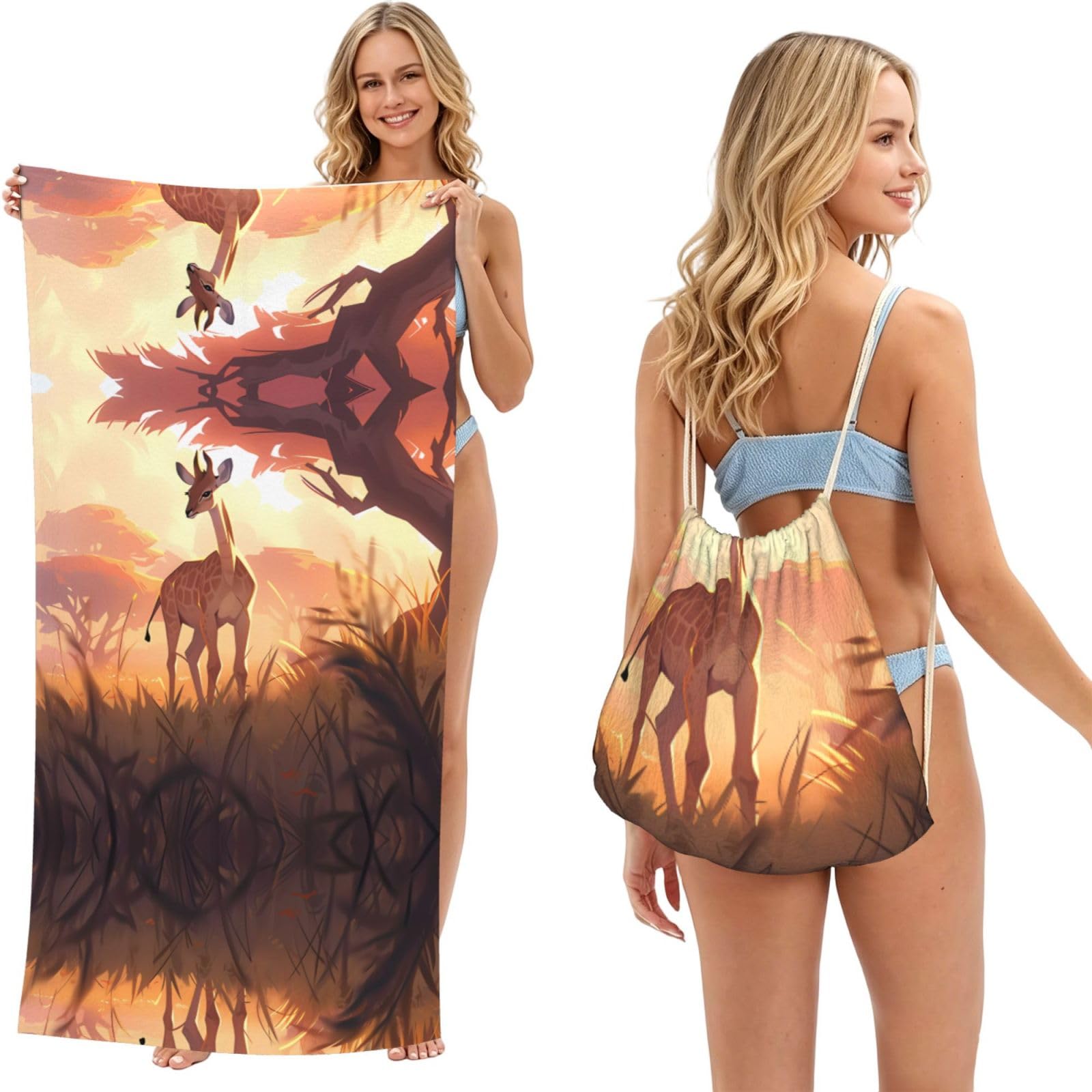 SXZVVBN African savannah giraffe calf 2-in-1 Beach Towel Bag, Quick Dry Sand Free Travel Towel Backpack for Adults