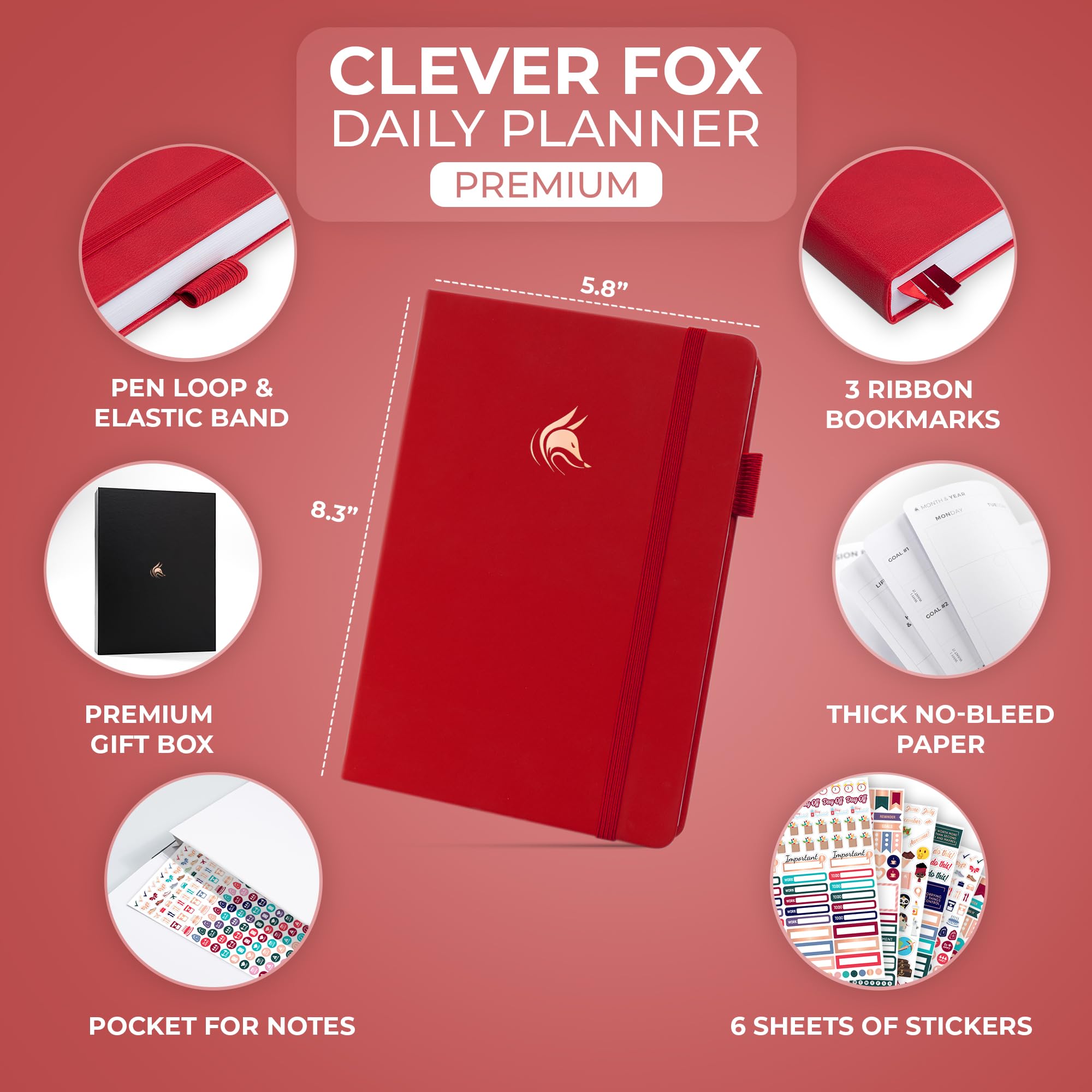 Clever Fox Planner Daily Premium – Agenda giornaliera non datata con orario, organizzatore personale, diario della produttività, 6 mesi (rosso)