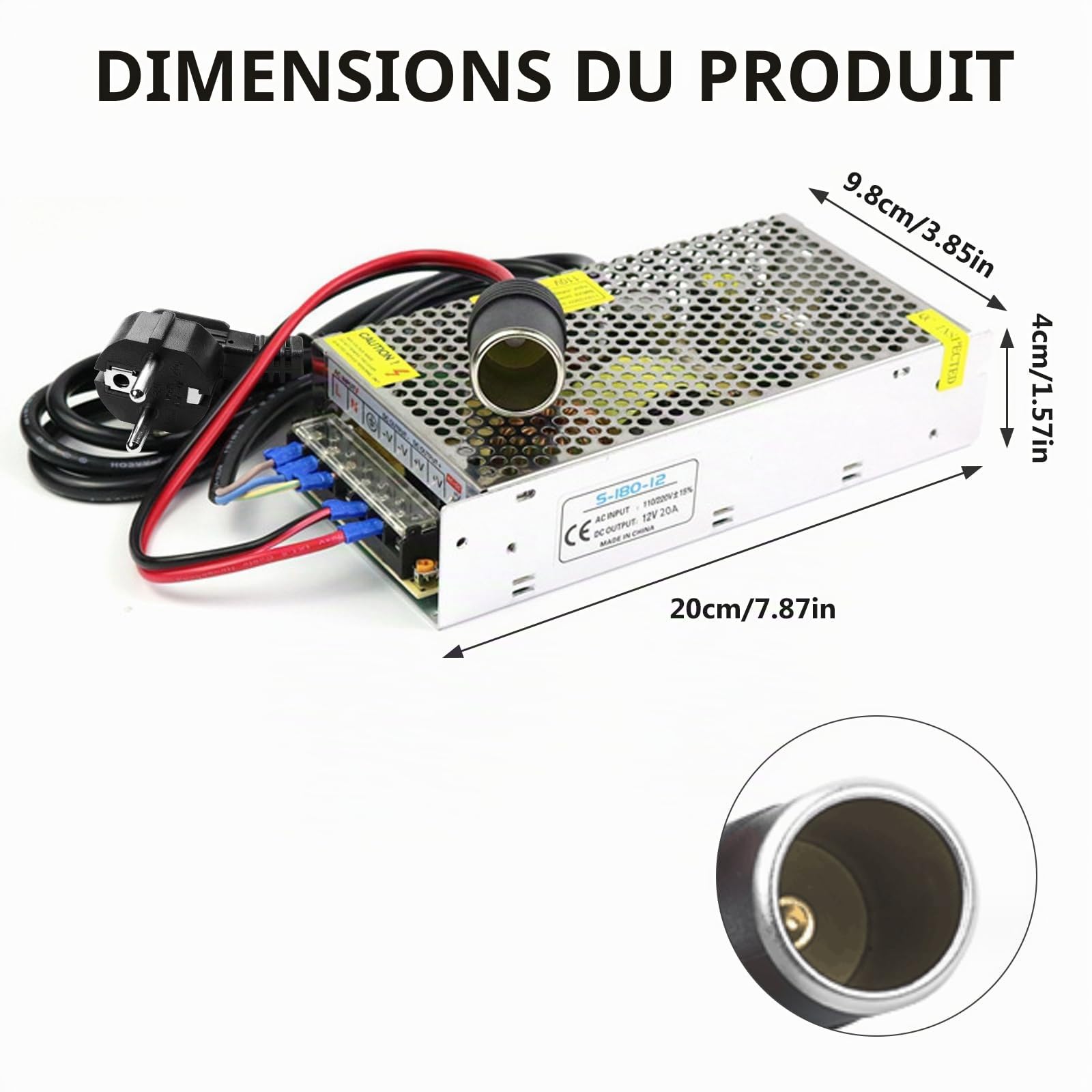 Adaptateur d'alimentation de voiture, convertisseur de tension 220 V à 12 V 20 A 240 W, adaptateur secteur, allume-cigare, adaptateur avec prise allume-cigare pour glacière, aspirateur de voiture