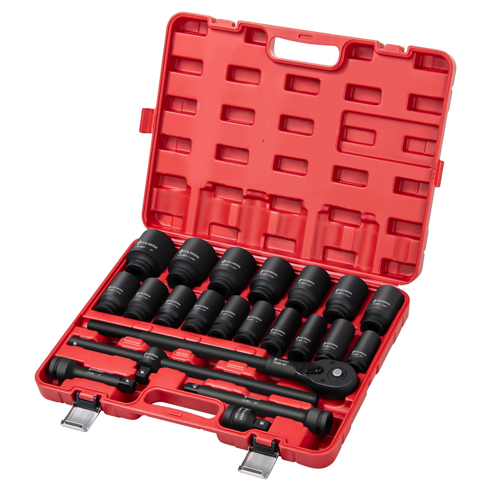 Tolneek 3/4" Impact Socket Set, 22PCS 6-Point SAE Sizes (3/4" to 2"), Cr-Mo Steel Set with Adapters, Quick Release Ratchet Wrench, Andextension Rod &