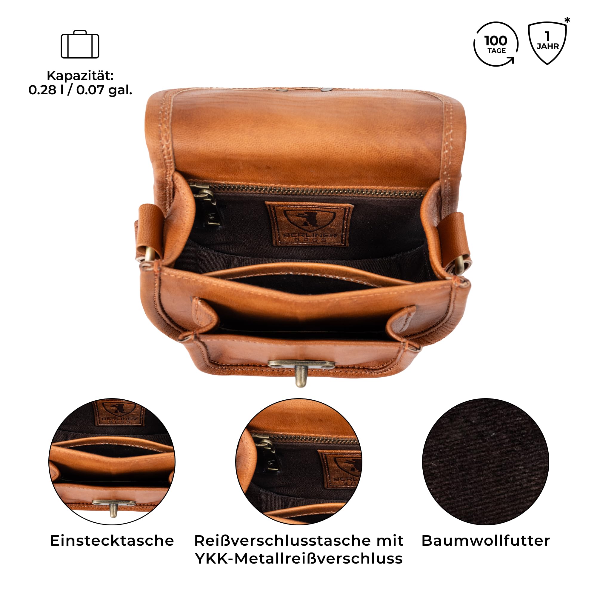 Berliner Bags Vintage Schultertasche Valencia, Kleine Umhängetasche, Handtasche aus Leder für Damen - Braun
