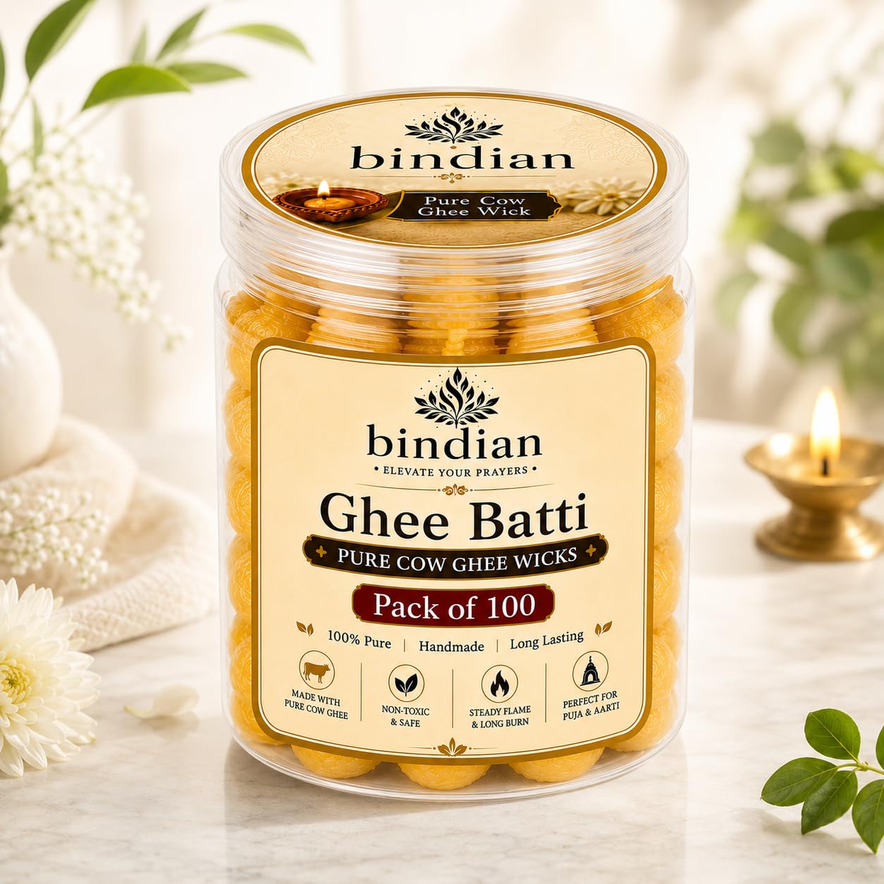 Bindian Pure Cow Ghee Batti for Puja Pack of 100 | Ready to Use Handmade Cotton Ghee Wicks | Long Burning Diya Batti for Daily Puja, Aarti, Mandir, Temple, Diwali & Festivals | 100% Pure Cow Ghee, Smokeless & Non-Toxic, Steady Flame, Cotton Wick, For Puja & Aarti-image-29