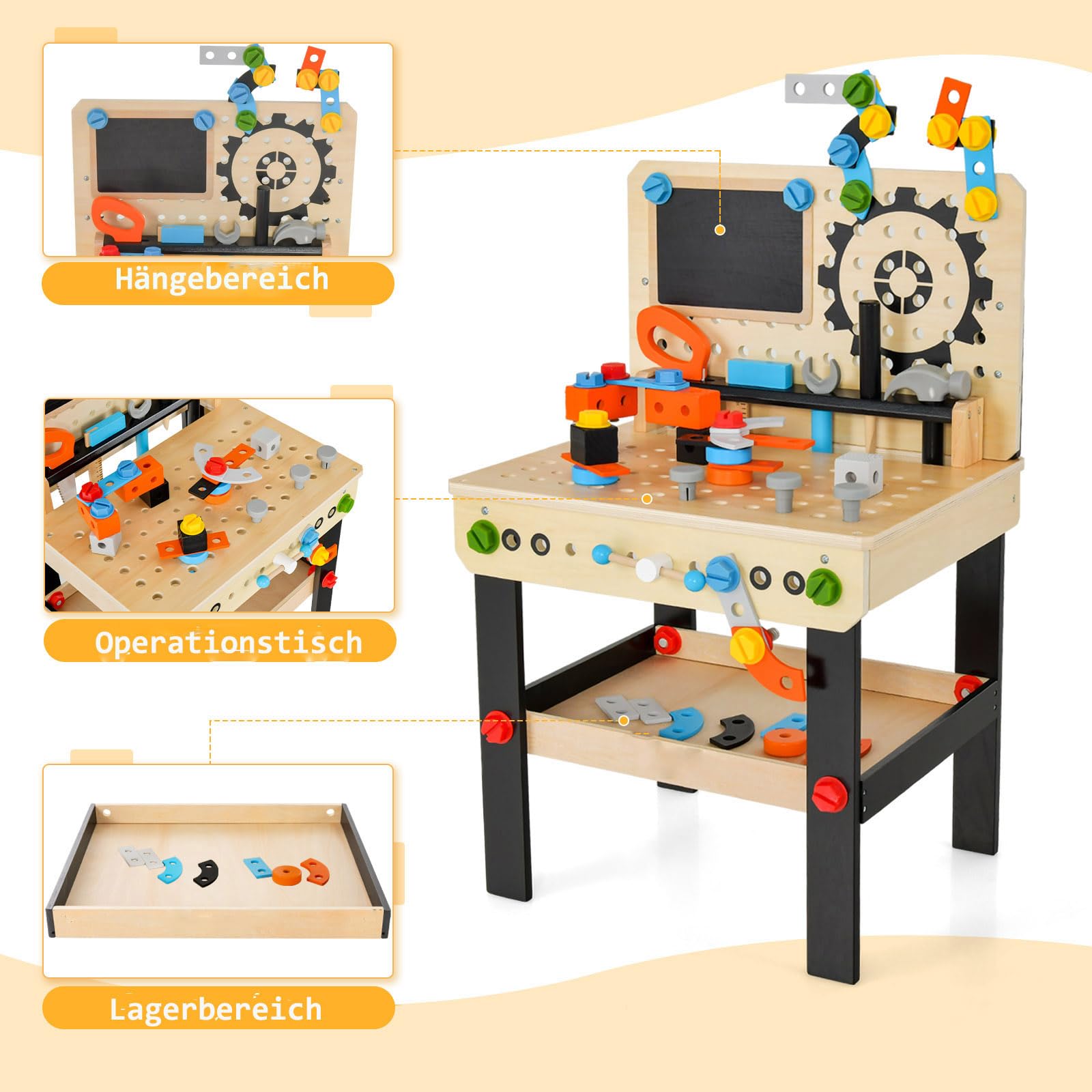DREAMADE Werkbank Kinder, Werkzeugbank für Kinder aus Holz mit 6 Werkzeugen und 75 Zubehör, Werkzeug Spielzeug Set mit Kreidetafel und hängendem Werkzeughalter, Werkbank für Kinder ab 3 Jahren