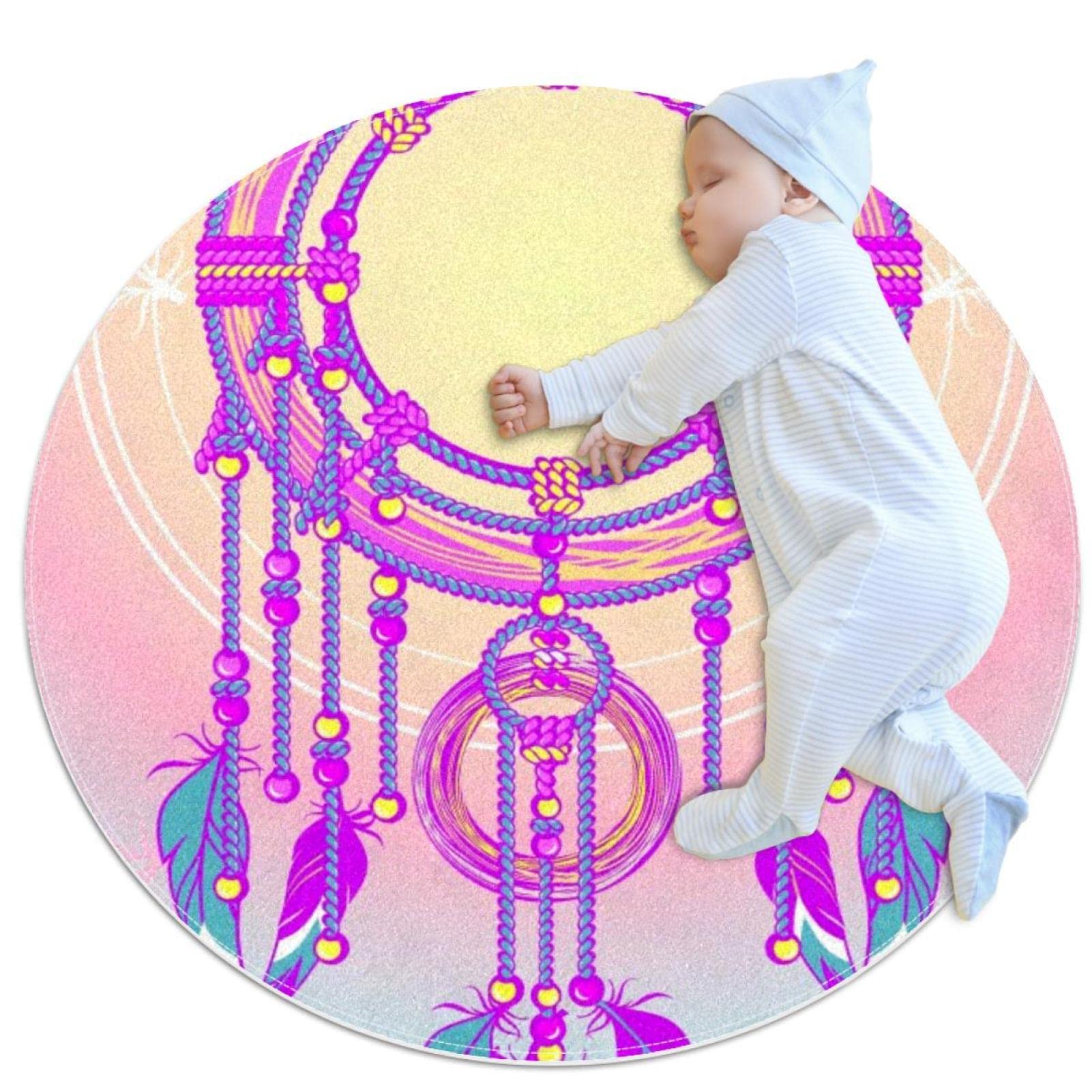 Tapis de salle de bain rond 1m motif attrape-rêves plumes et revêtement de sol antidérapant