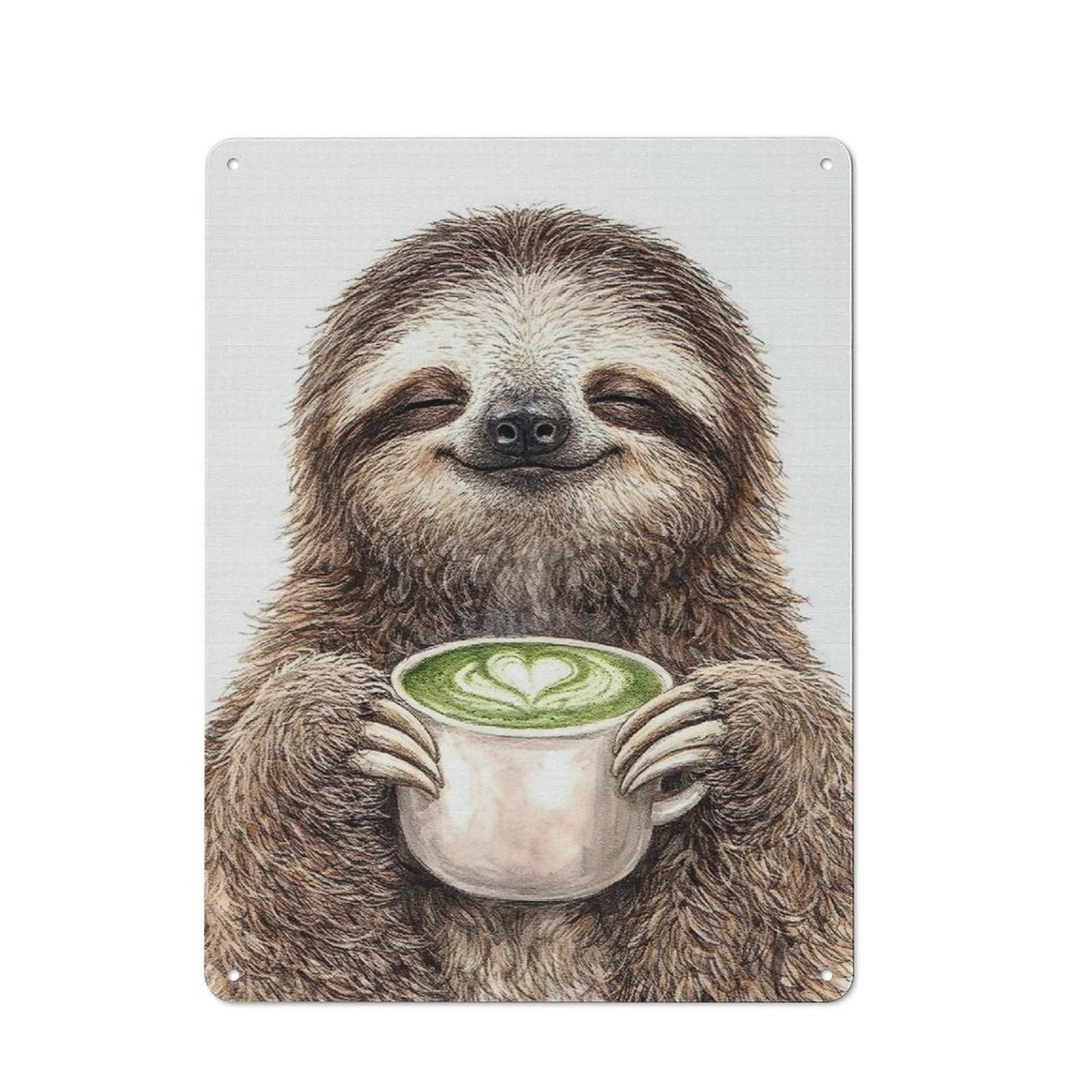 Junmoney Style-20 Retro Metal Wall Sign 40X30cm With Sloth Enjoying Matcha Latte For Workshop Wall, For Kitchen, Dining Room And Home Bar Wall Decor