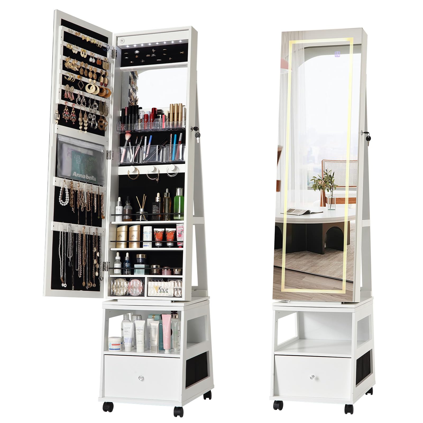 OPULENTHOME OPULENTHOME Armario para joyas con espejo, armario de joyas giratorio 360° con espejo corredizo de cuerpo entero, 3 estantes, cerrable, organizador de joyas con cajón 38 x 46 x 168 cm