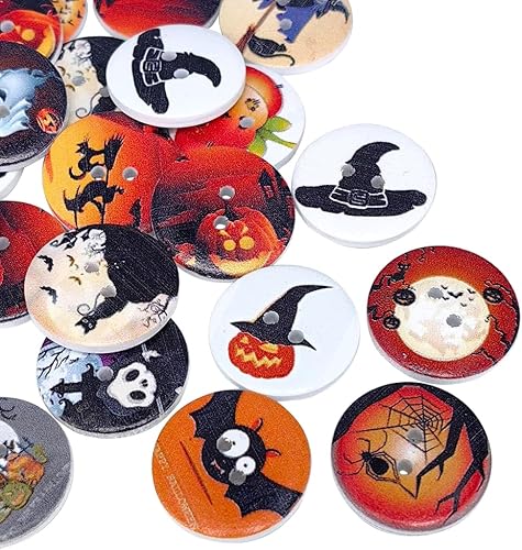 Chenkou Craft 100 botones de madera de Halloween, mago, calabaza, farol, fantasma, araña, calavera, castillo, costura, 2 agujeros (1 pulgada (0.984