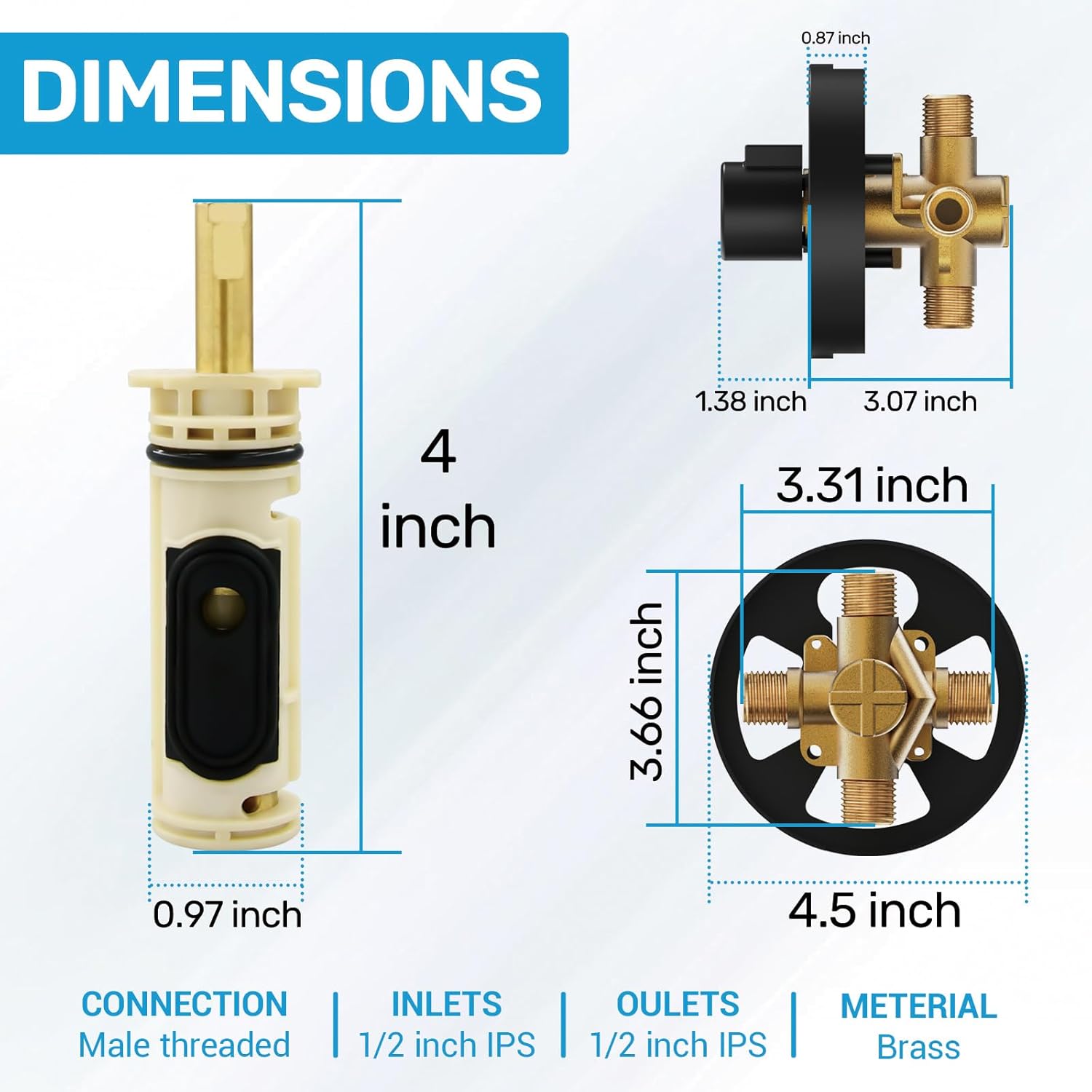 2510 Shower Valve Compatible with Moen Posi-temp Valve, Pressure Balancing Rough-In Valve, 1/2 Inch IPS Connection, Brass 4-Port for Bathtub and Shower - Image 4