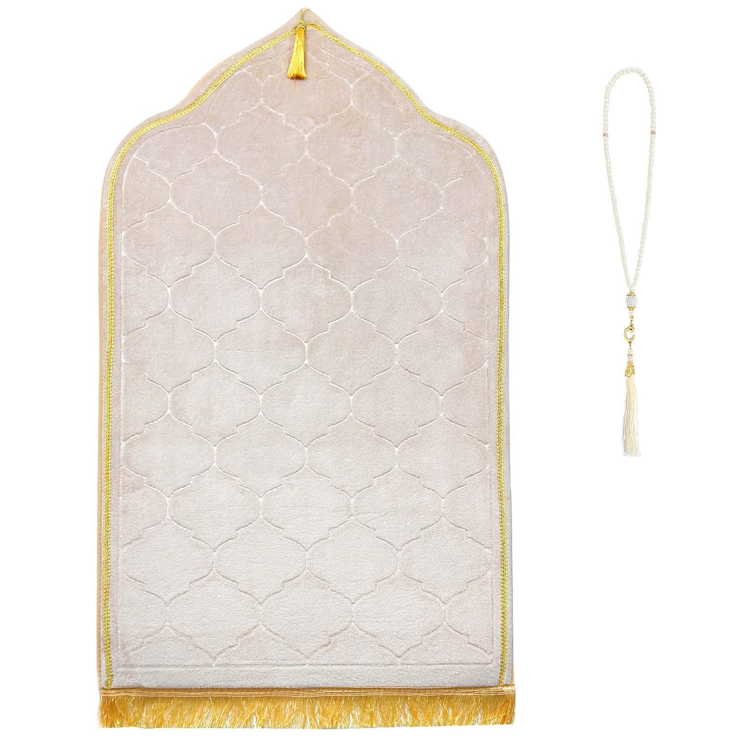 KEAGAN Prayer Mat Velvet Muslim Rug With Tasbih Beads Portable Muslim Prayer Rug Turkish Prayer Carpet Large Size Flannel Praying Rug for Muslim Eid Gift -Beige