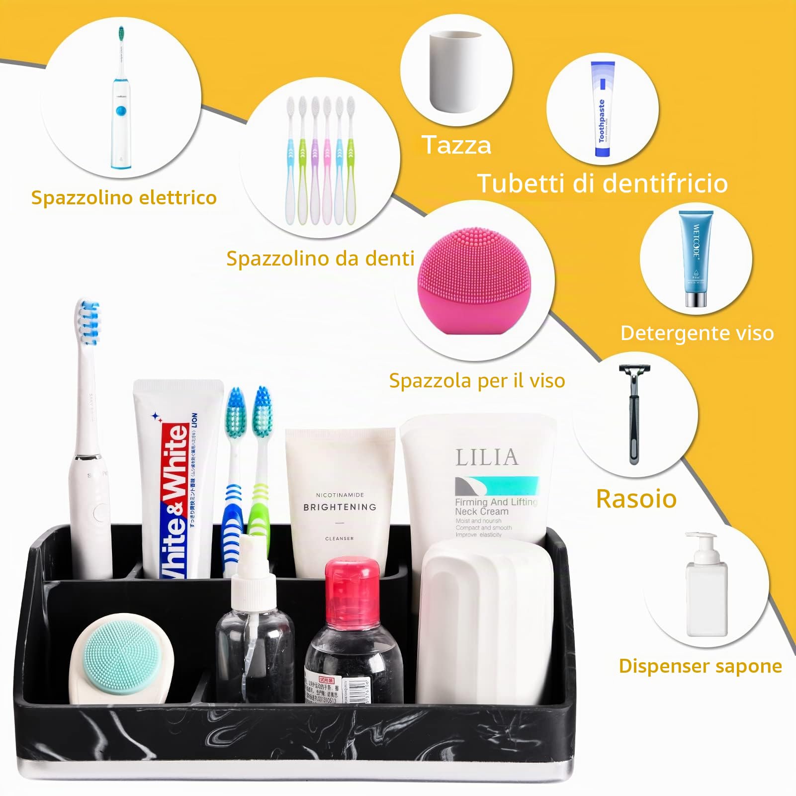 VITVITI Portaspazzolino per bagni, organizer da bagno per piano di lavoro/lavello, 5 scomparti per spazzolino da dente/dentifricio, accessori da bagno effetto marmo, resina nera..