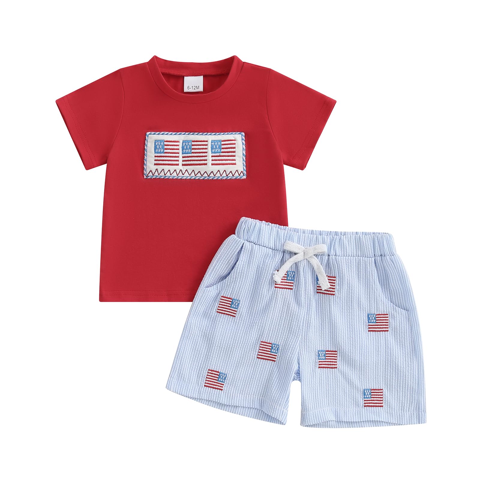 4th Fourth Of July Toddler Baby Boy Outfit American Flag T-Shirt And Plaid Shorts Smocked Outfits Two Piece (Amerian Flag Red, 18-24 Months)