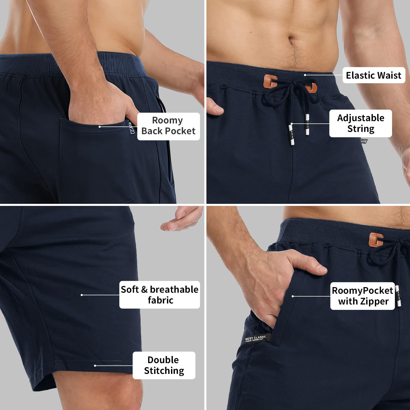 JFAN Short Homme éTé Casual Short Sport Bermudas avec Cordon et Poches à Zippées Pantalon Court