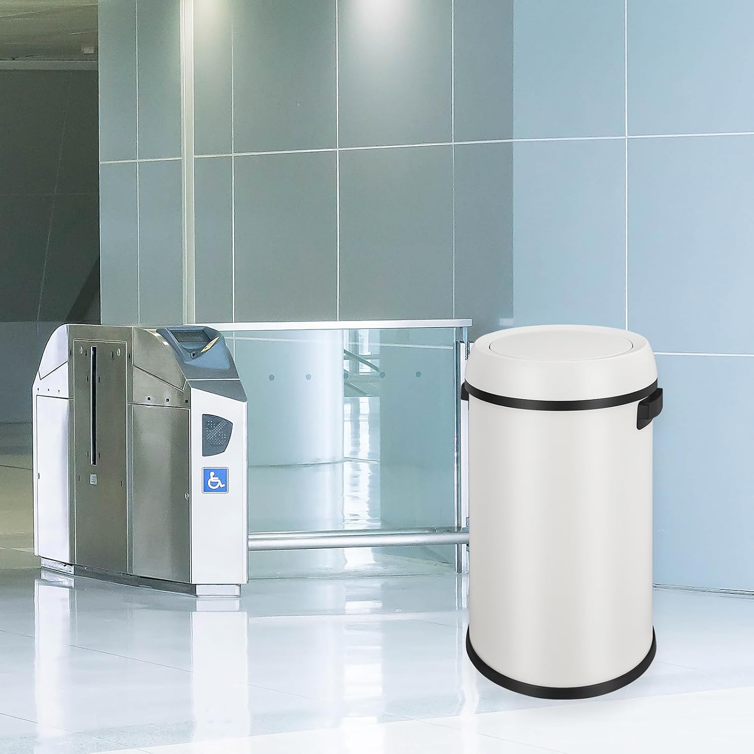 GarveeHome 17 gal/65 L Swing Top Trash Can, Stainless Steel Rubbish Bin, Commercial Grade Waste Container, Round Garbage Can for Outdoor, Home Office, Restaurant, White