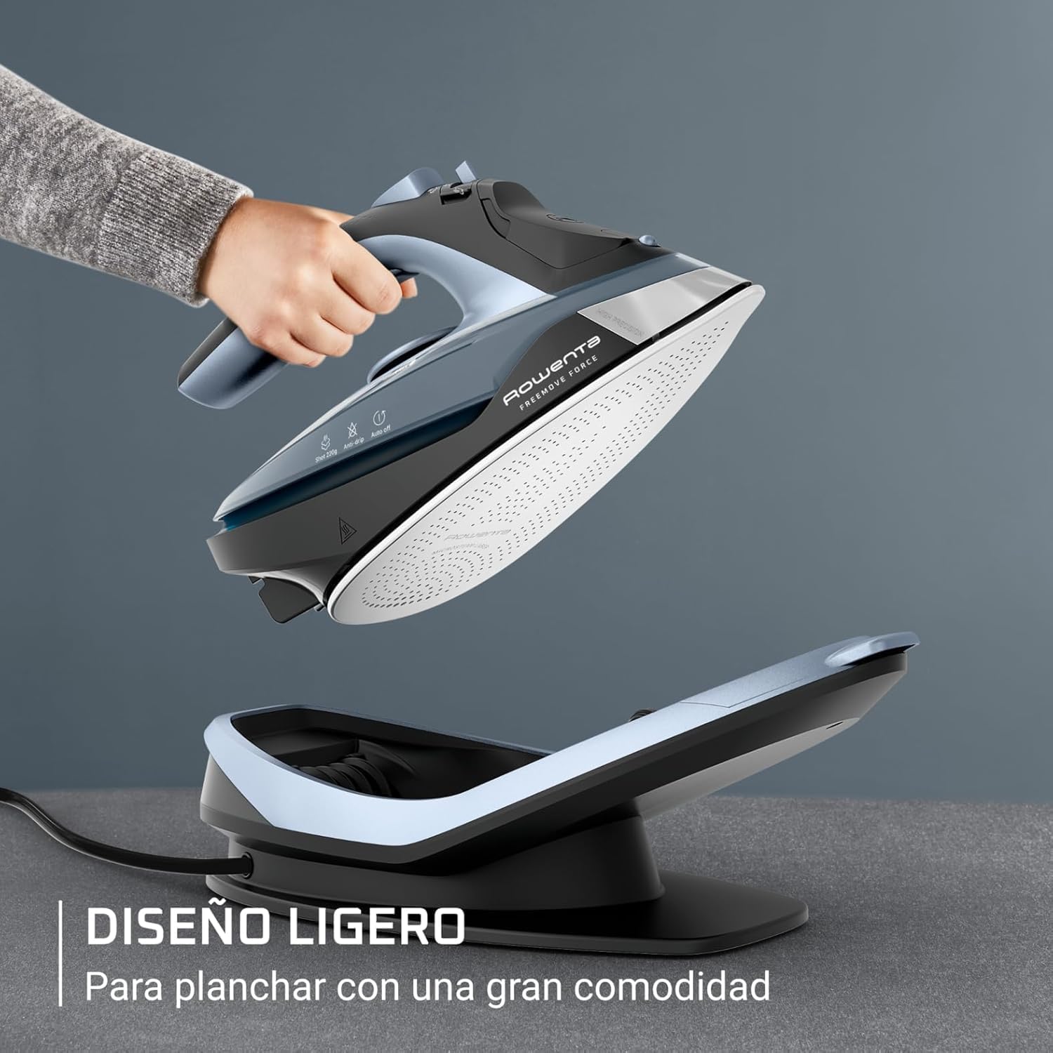 Rowenta Freemove Force, Plancha de vapor sin cable, Potencia de 2500W, Golpe de vapor 200 g/min, Eficiente, Calentamiento rápido, Ligera, Recarga rápida, Apagado automático, DE6720