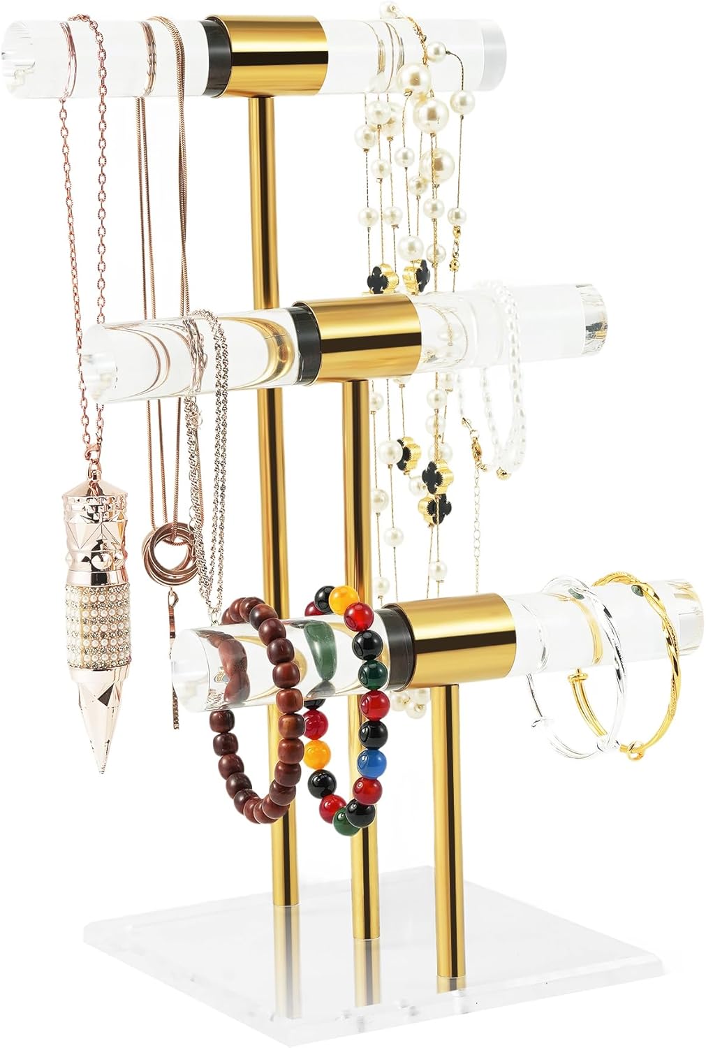 Acrylic Bracelet Holder Display Stand, Necklace Holder Organizer, T-Bar Jewelry Display Stand, Stainless Rod Tangle-free Countertop Jewelry Rack for Vendors Retail Store Home (3 Tier)