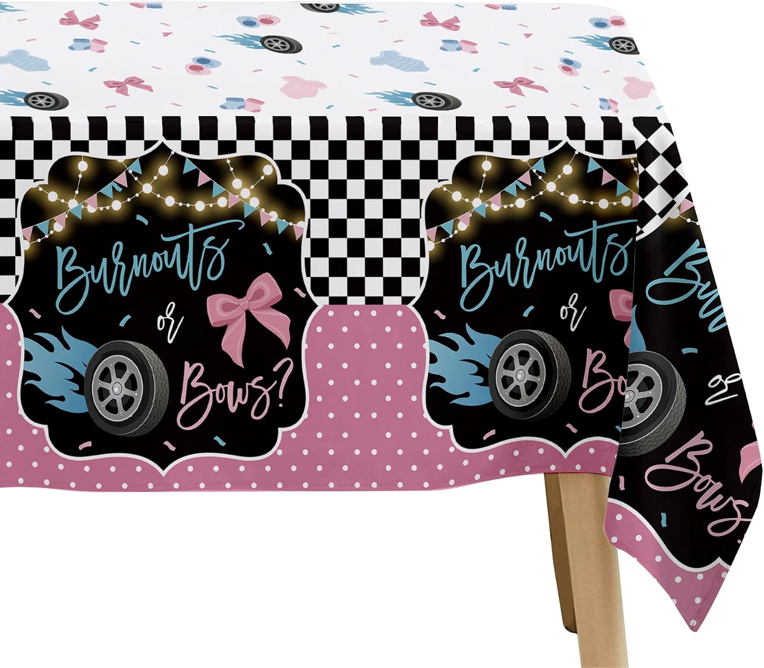 Burnouts or Bows Gender Reveal Decorations Tablecloth, 3 Pack Disposable Boy or Girl Gender Reveal Party Tablecover Supplies for Race Car vs Bows Baby Shower, 86in x 55in