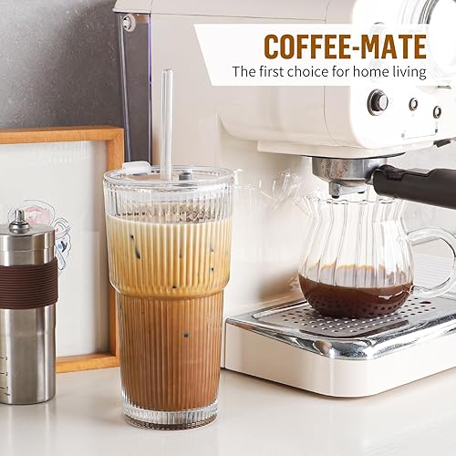 Miniatura 3 de Juego de 2 vasos de vidrio de 20 onzas con tapa y pajita, vaso de vidrio con popote y tapa, cristalería vintage para whisky, cóctel, cerveza, tazas