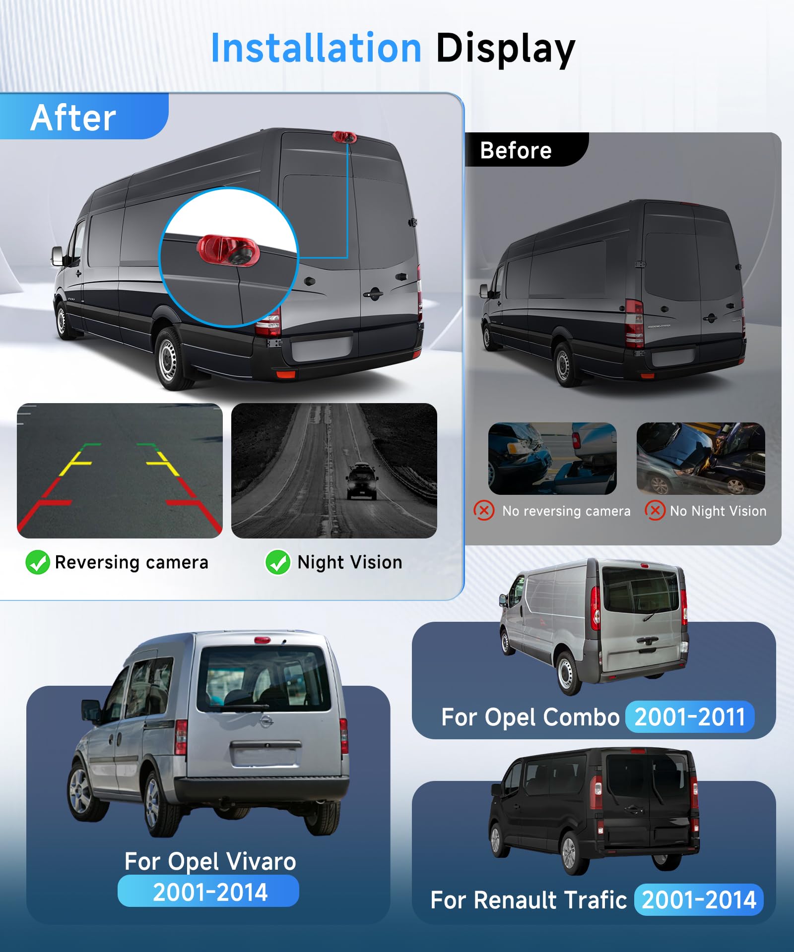 Hodozzy Caméra de Recul pour Renault Trafic/Opel Combo/Opel Vivaro 2001-2014,Caméra de Troisième Feu Stop de Voiture,Vision Nocturne IR, Etanche IP67,Angle Réglable,avec Ligne Inversée