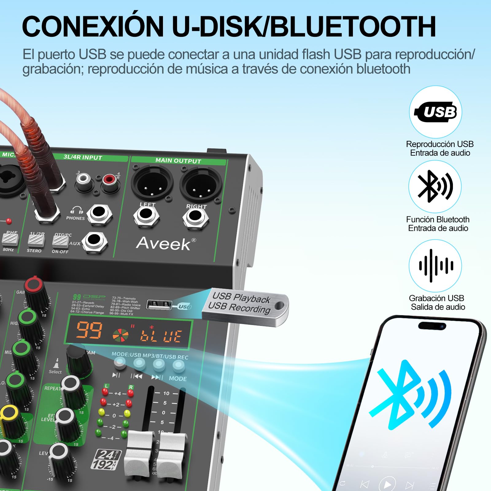 Aveek Mezclador de Audio,Mesa de Mezclas Profesional con USB/Bluetooth/Ordenador/Mezclador DJ de 4 Canales de Entrada Estéreo,48V Phantom Power 99 Efecto DSP para PC Estudio de Grabación Streaming