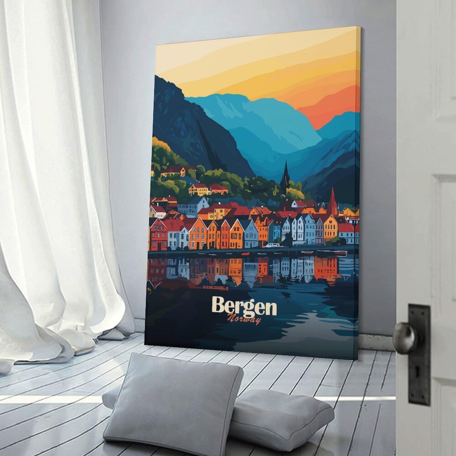 Junmoney Frame-Style-15 Bergen, Norway Cityscape Canvas Wall Decor 16X24inch(40X60cm), For Bedroom Walls, Guest Spaces Or Lounges, A Warm Accent For Relaxed Interiors