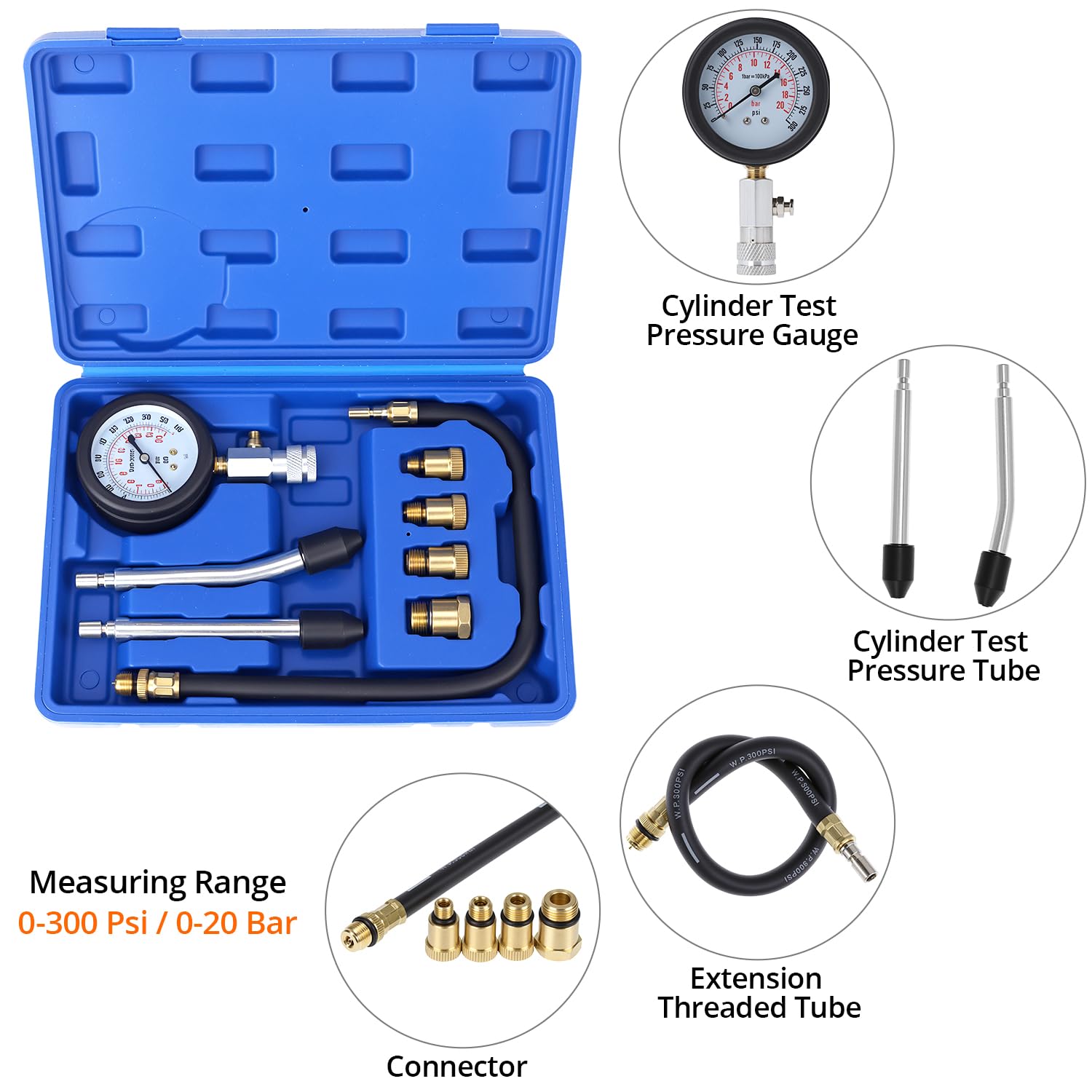 QWORK® Kit de testeur de compression, ensemble d'outils de manomètre moteur, manomètre de compression, pour moto, voiture et plus