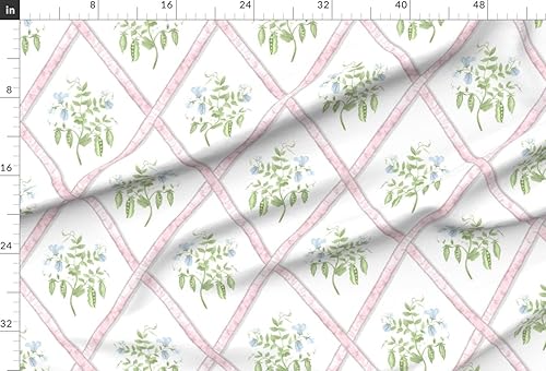 Miniatura 2 de Spoonflower Fabric - Pink Trellis Ribbons Sweet Pea Plant Blue Green Grandmillenial Printed on Minky Fabric Fat Quarter - Sewing Baby Blankets Quilt