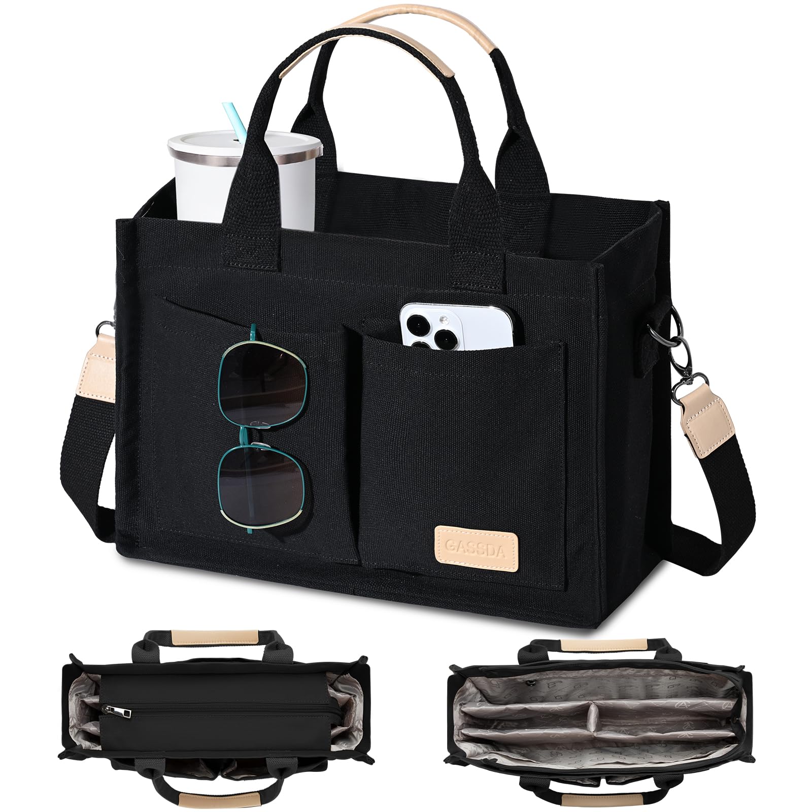GASSDA Canvas Tote Bag for Women Crossbody Work Purse with Pockets Top Handle Handbag Satchel Bags for Travel Nurse Teacher