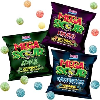 3 Pack Bundle Barnetts Mega Sour Candy - Raspberry | Fruits | Apple - Trendy Sweet Bags - Traditionally Handmade Sweets 454g x 3