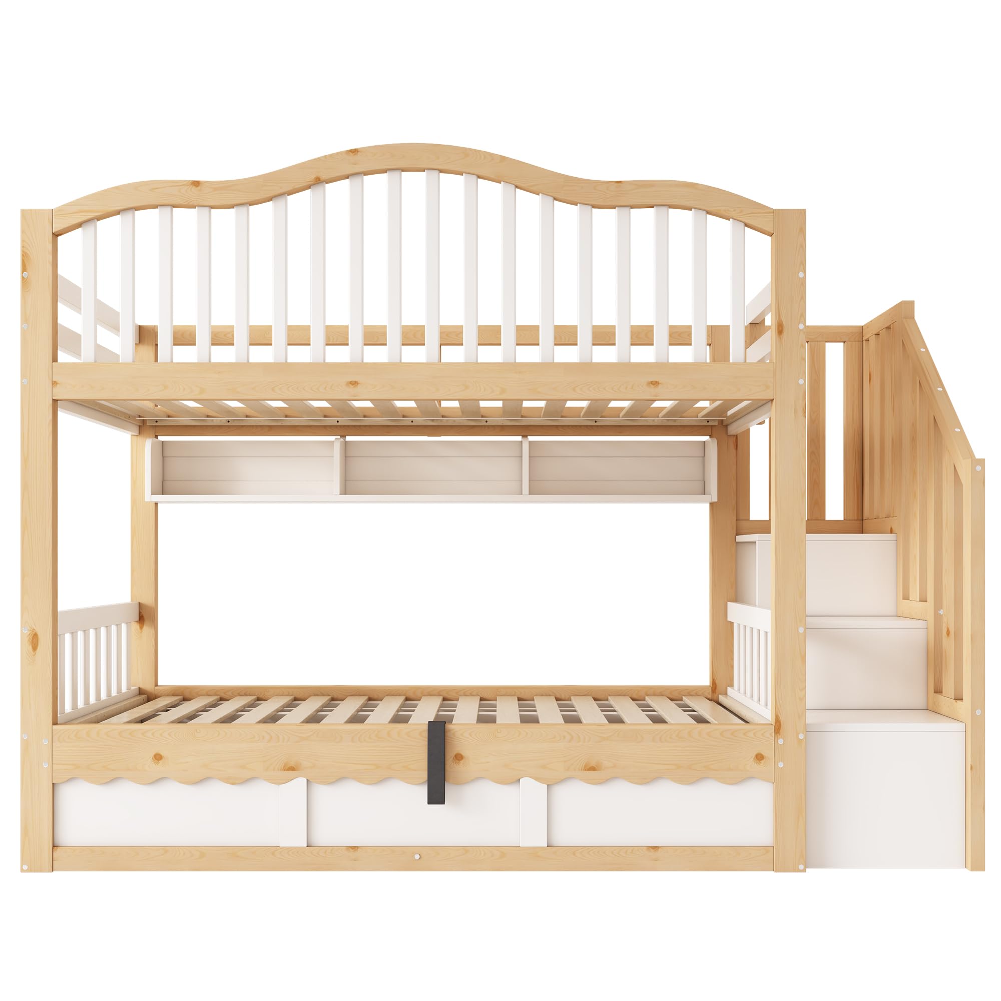 90 x 200 cm Litera para niños con espacio de almacenamiento hidráulico – Cama alta de madera con escalera de seguridad y estante, protección anticaídas, certificado EN 747-1:2024, blanco y roble