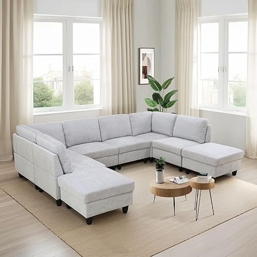 Everest Flannel U Shape Modular Sofa with Ottoman