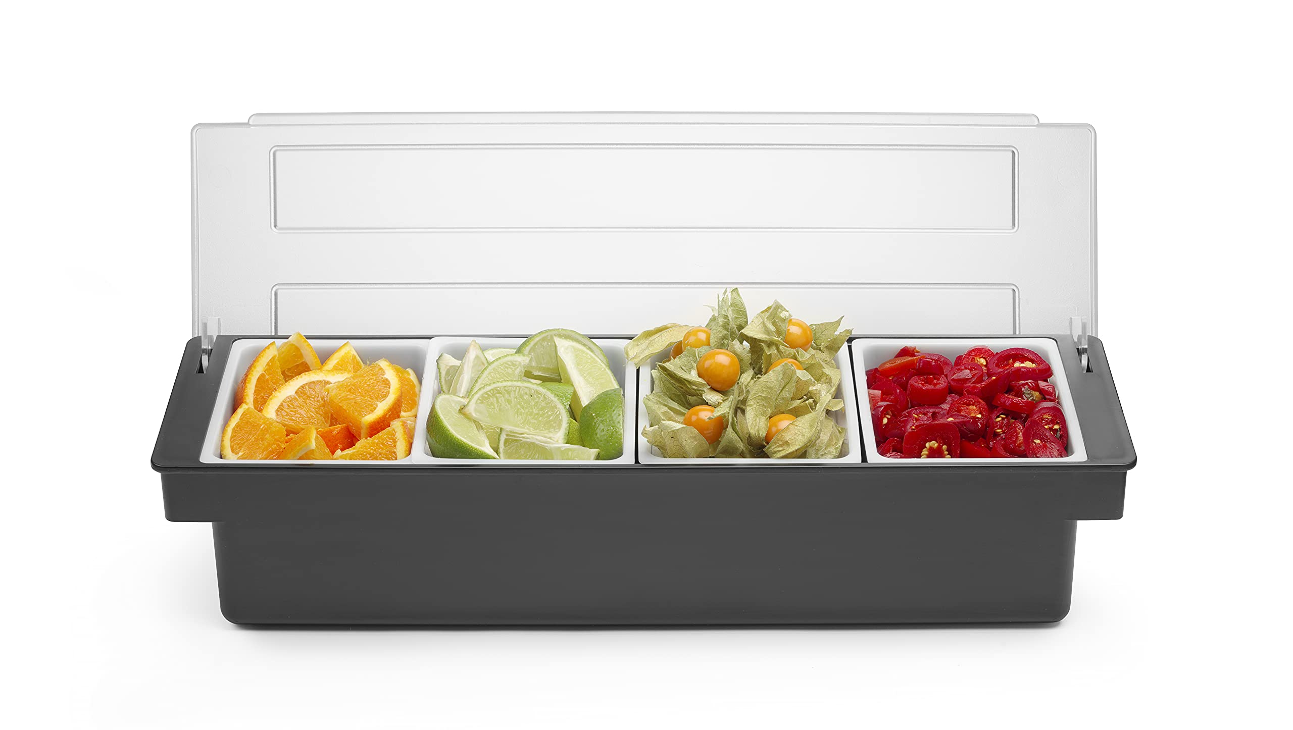 HENDI Portacondimentos de Bar, Bandeja de Guarniciones para Cócteles BarUp, Caja Organizadora con Tapa Transparente, 4 Contenedores de Polipropileno, 480x150x(H) 100mm, HIPS, Negro