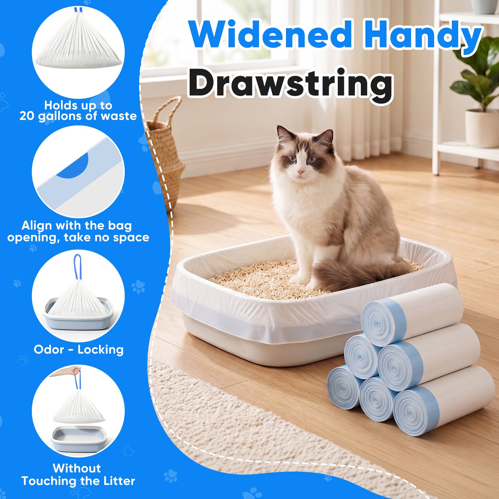 Jumbo-Katzentoiletteneinlagen, 91,4 x 45,7 cm, 2 mm, vorgetrennte Katzentoilettenbeutel mit robustem Kordelzug, extra dick, auslaufsicher, für Katzentoiletten, 66 Stück